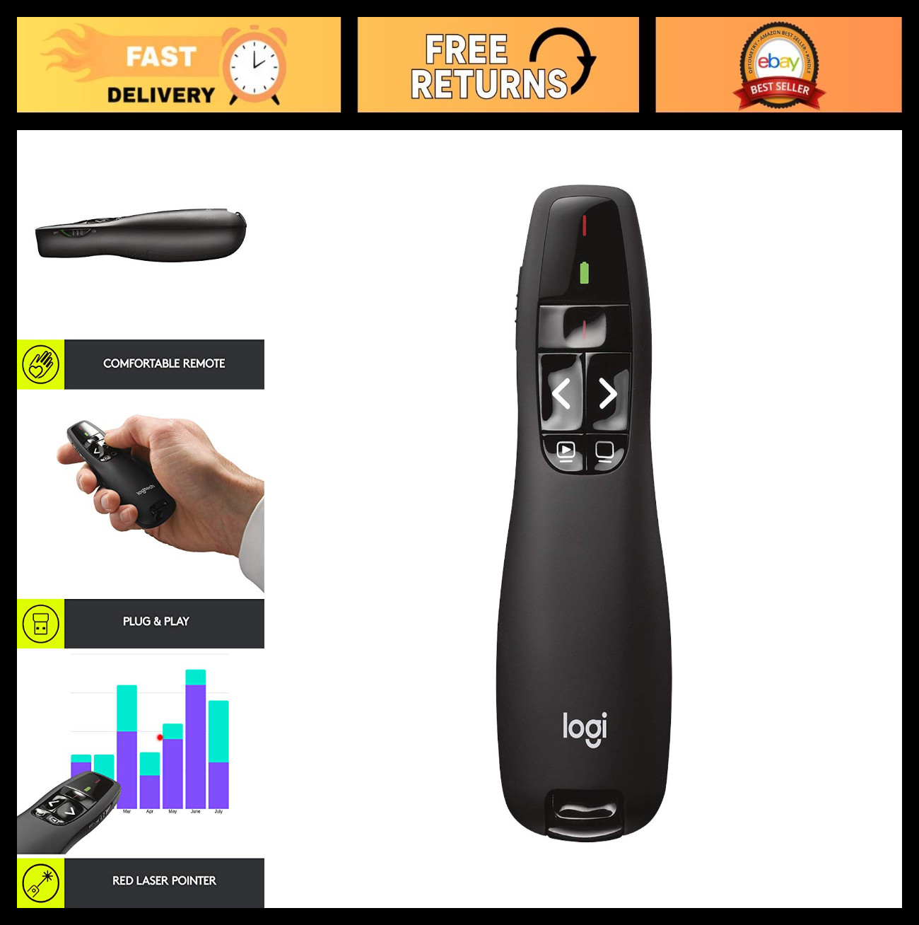 Wireless Presentation Clicker Remote with Laser Pointer - USB-A PowerPoint Contr