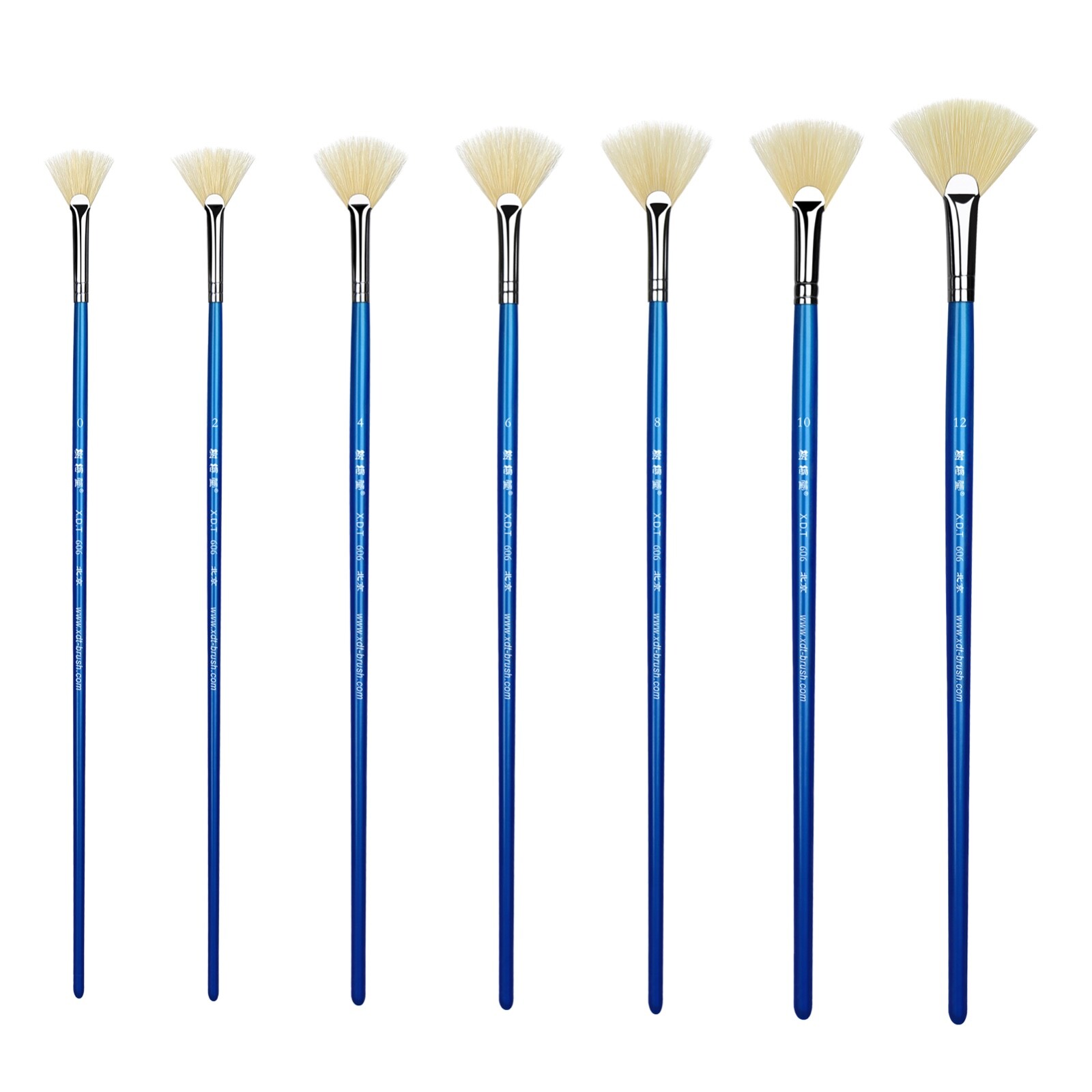 XDT#606 Fan Art Brush Set 7Pc #0#2#4#6#8#10#12 Hog Acrylic Oil Watercolor