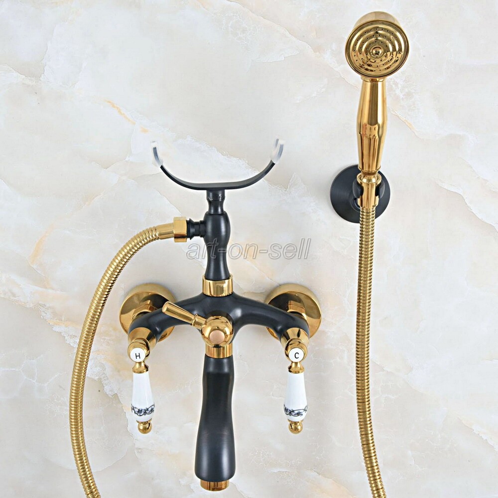 Black&Gold Brass Wall Mounted Clawfoot Bath Tub Faucet with Hand Shower Spray
