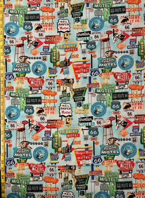 Route 66 Signs Timeless Treasures Fabric mother road motel blue