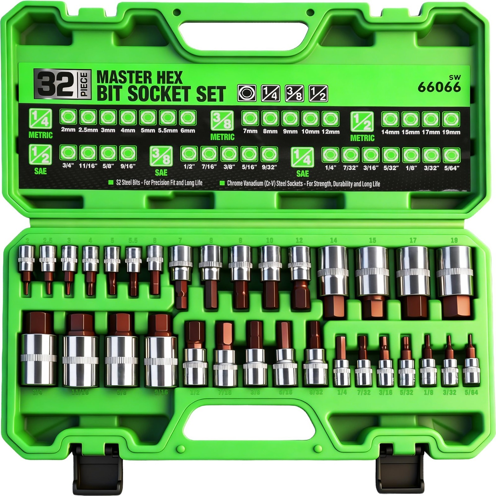 32-Piece Hex Bit Socket Set, SAE & Metric, 1/4", 3/8", 1/2" Drive, S2 & Cr-V Ste