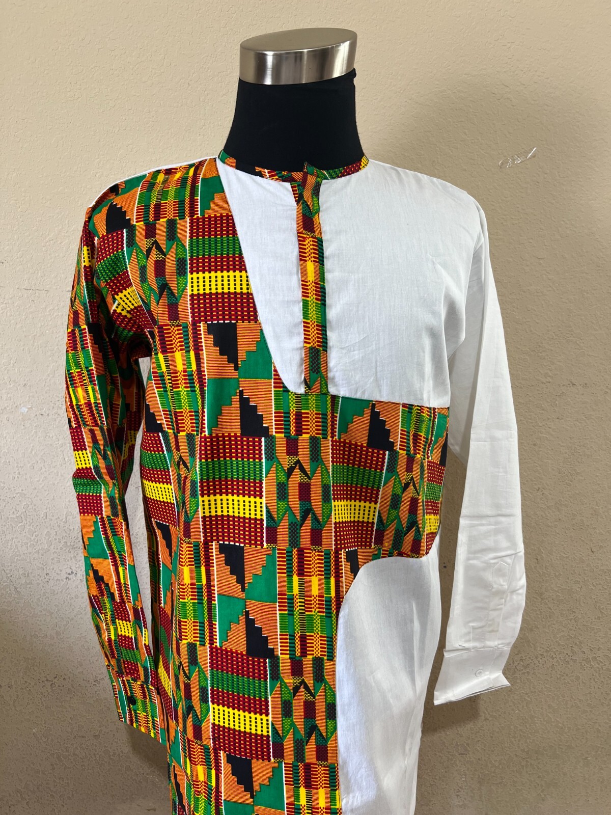 African clothing for men-Dashiki M-7X long sleeve white with kente