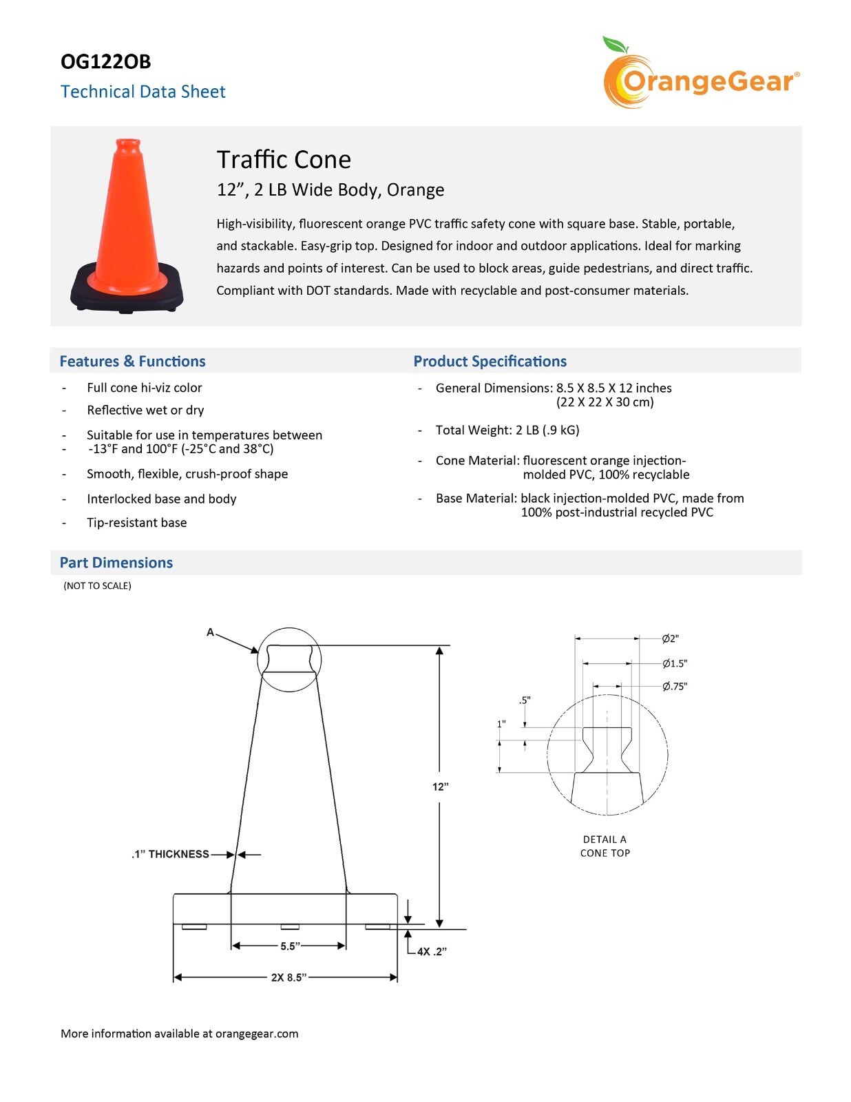 OrangeGear® 12" 2 lb. Black Base Orange PVC Traffic Cone (10 Pack)