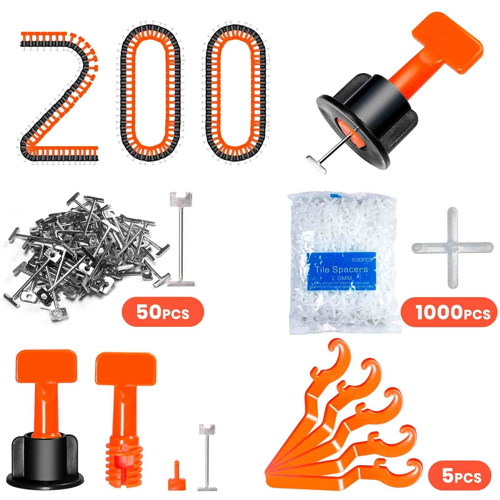 Tile Leveling System Reusable Tool Kit 200pcs Spacers 1000pcs 2mm Cross Wrenches