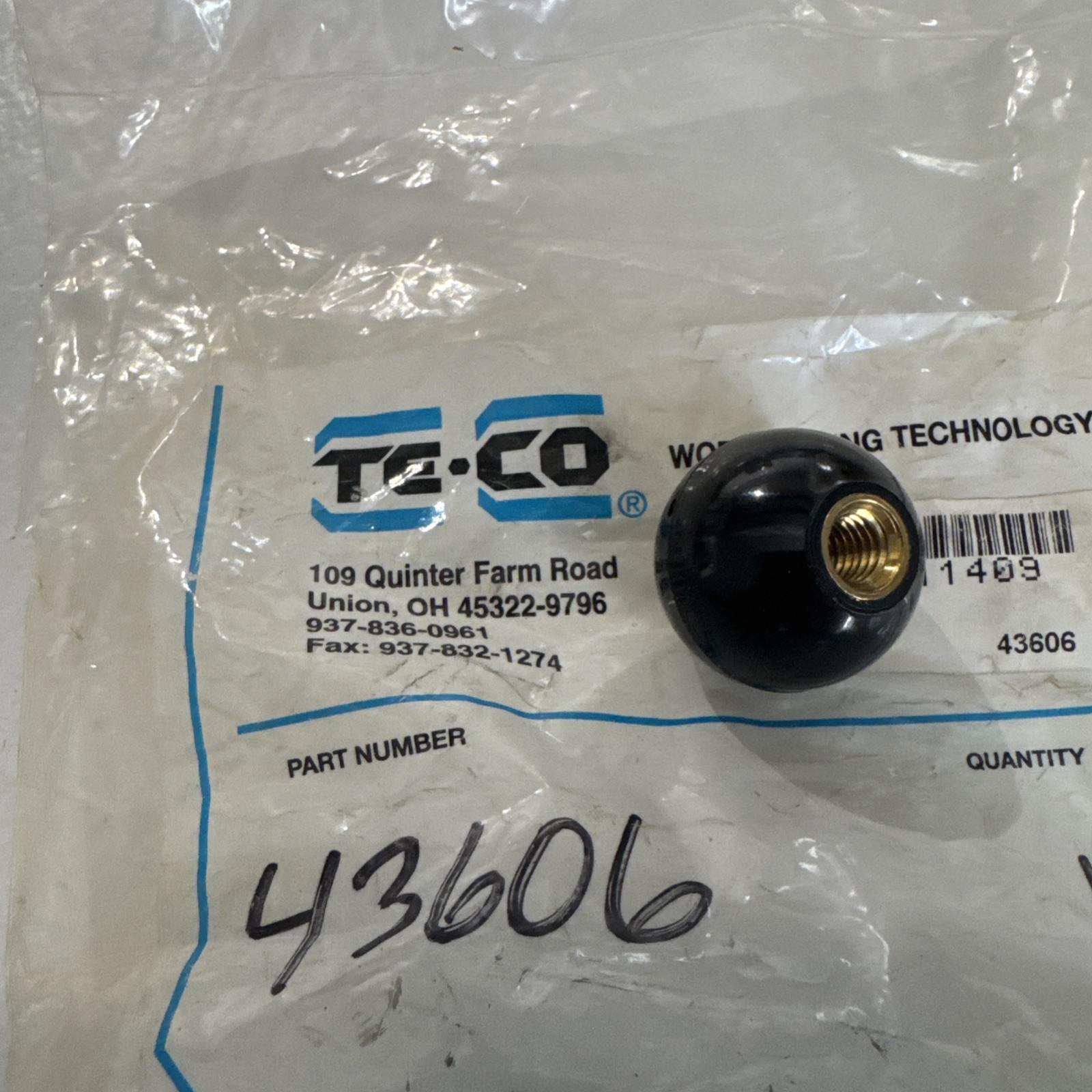 Round Black Ball Knob 1-3/8'' Diameter 1/2" Hole Depth Part # 43606 TECO