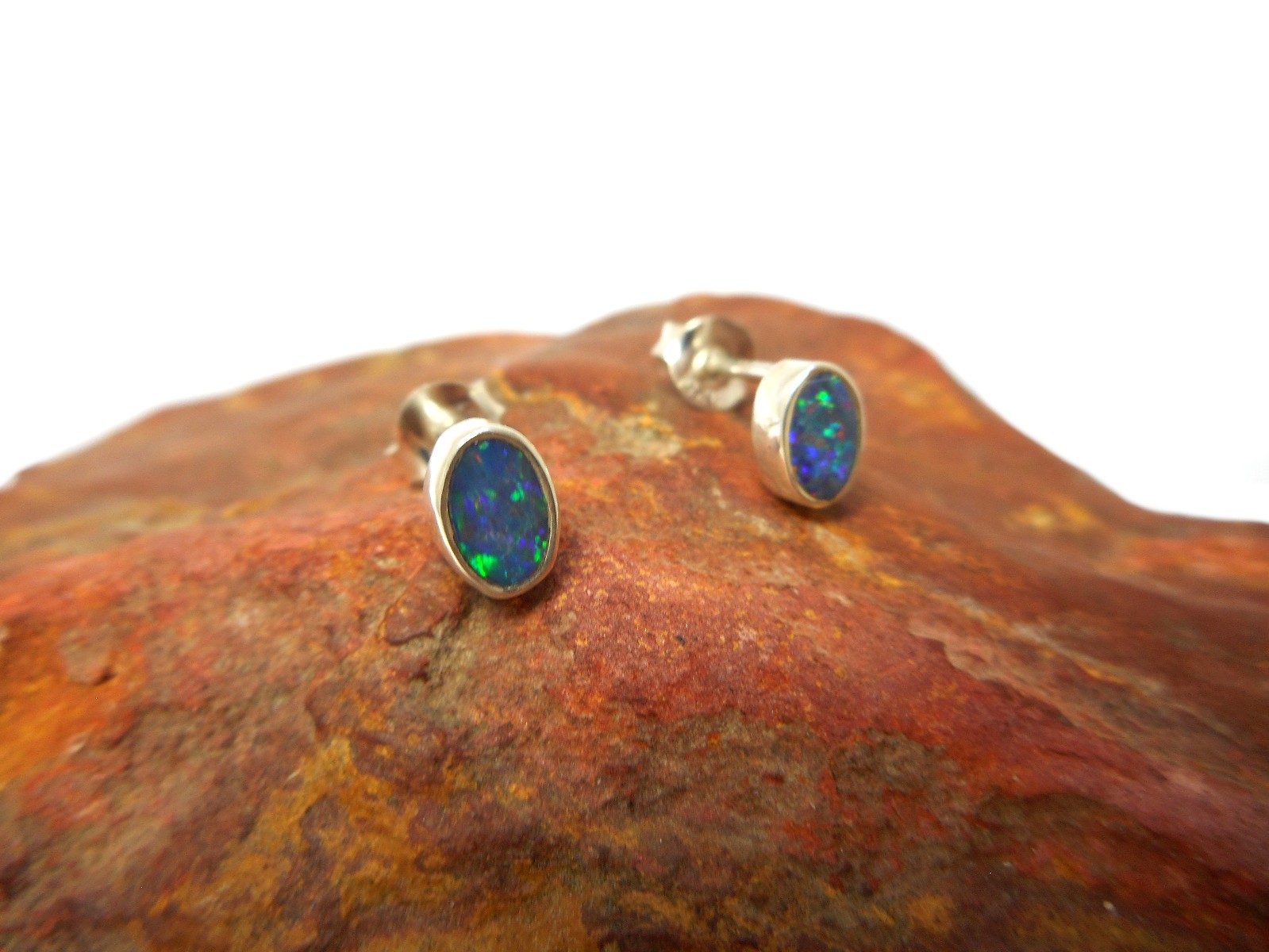 Natural Small Australian Opal Stud Earrings - Sterling Silver Gemstone