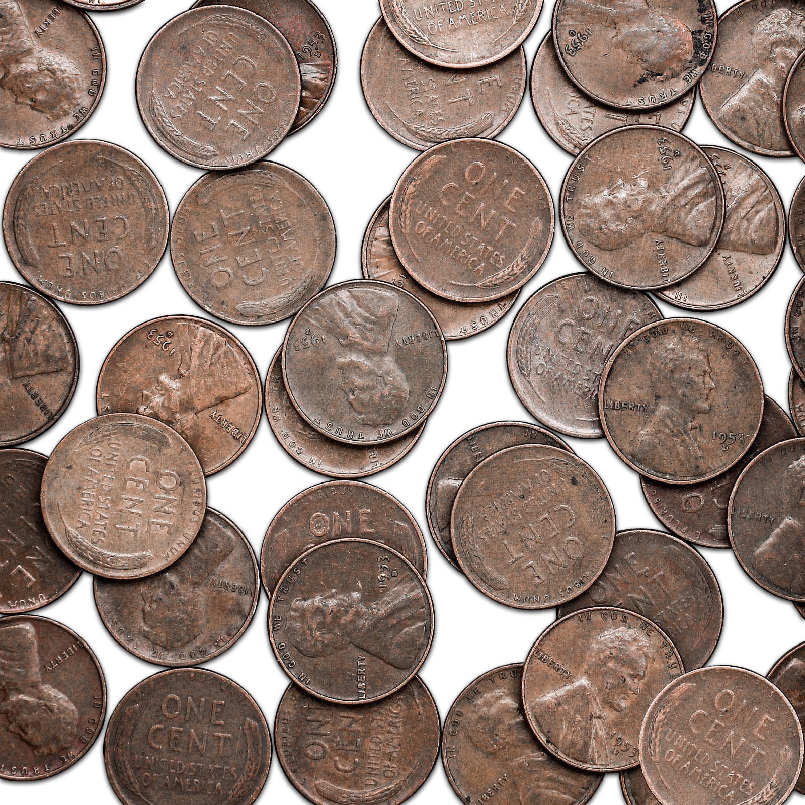 1953 D Lincoln Wheat Cent Roll 50 Circulated Pennies US Coins