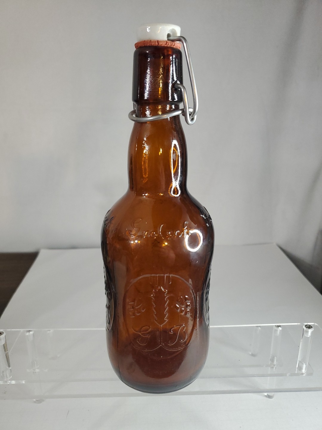 Vtg Grolsch Amber Brown Glass Beer Bottle Porcelain Swing Top Lid Bar Barware