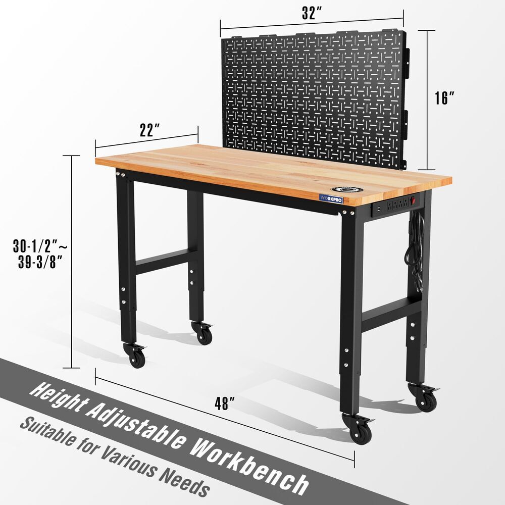 48" Adjustable Workbench 1000LBS Load Capacity 2PC 16x32" Metal Pegboard