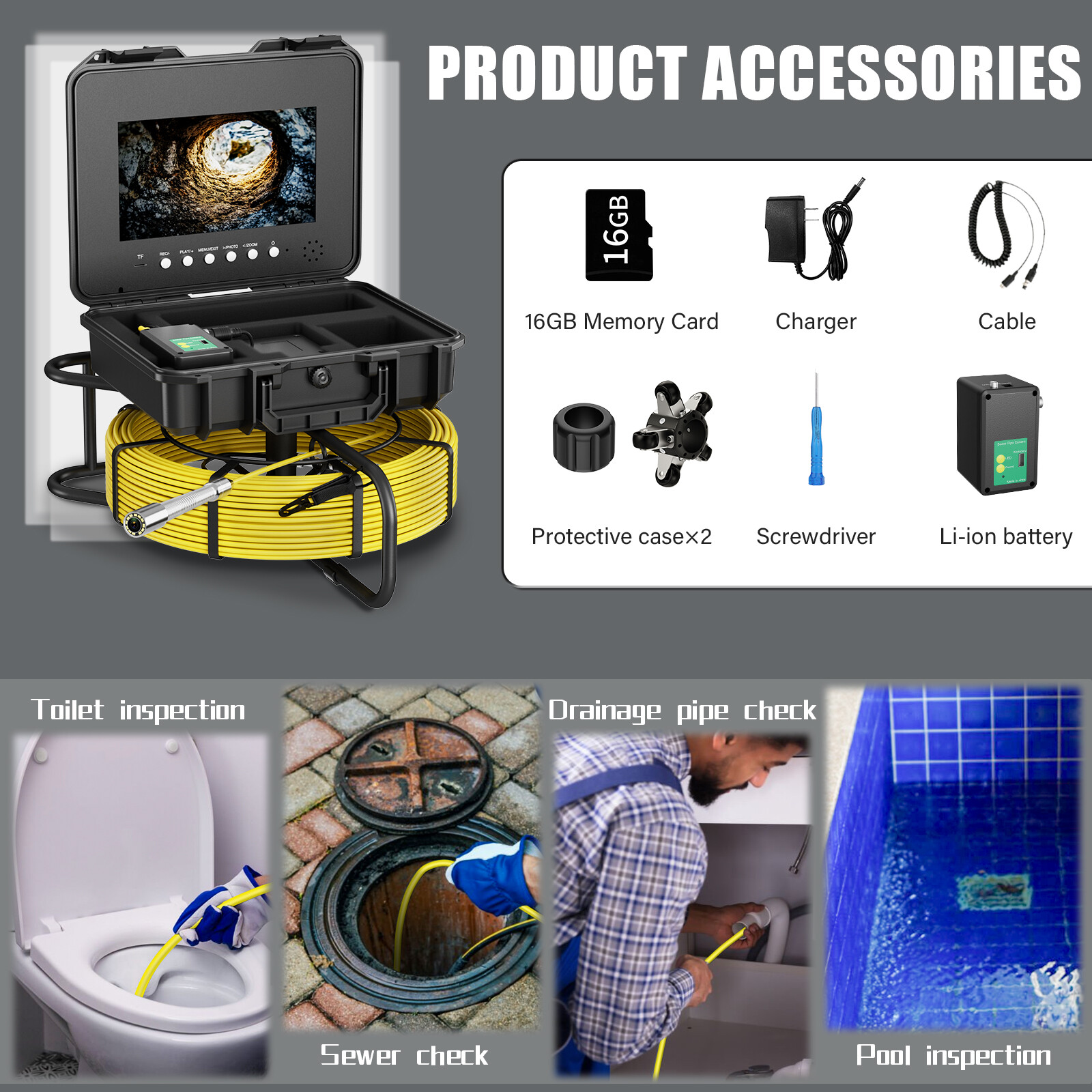 10" Pipe Inspection Camera w/ 512hz Meter Counter Sewer Camera Self Leveling 30M