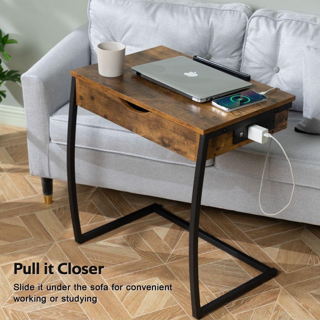 Hadulcet C Shaped End Table with Charging Station, 25.6", Rustic Brown