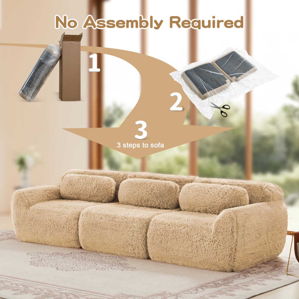 114'' Modular Sectional Sofa w/ Ottoman & Pillows, Plush Fabric, Light Khaki