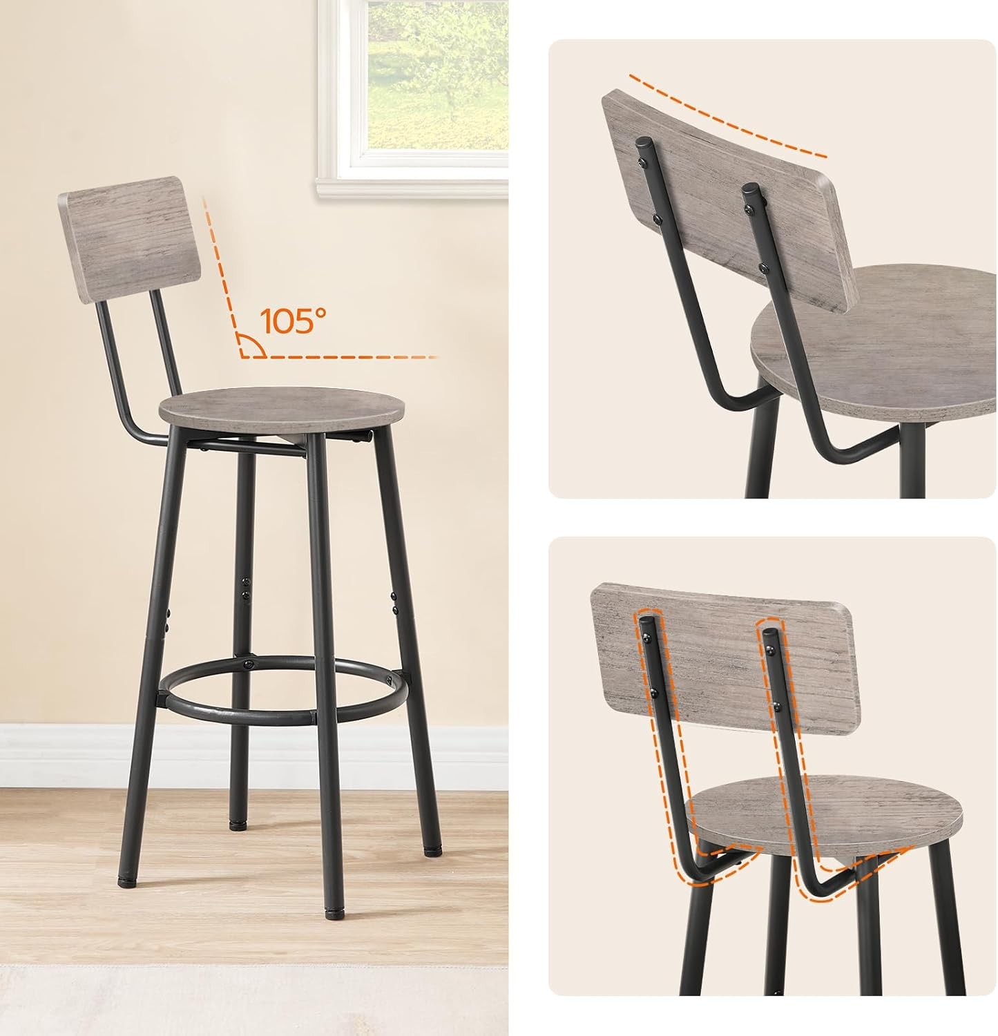 Bar Stools,Set of 2 Bar Stools W/ Footrest & Back,25.2" Bar Chairs Kitchen