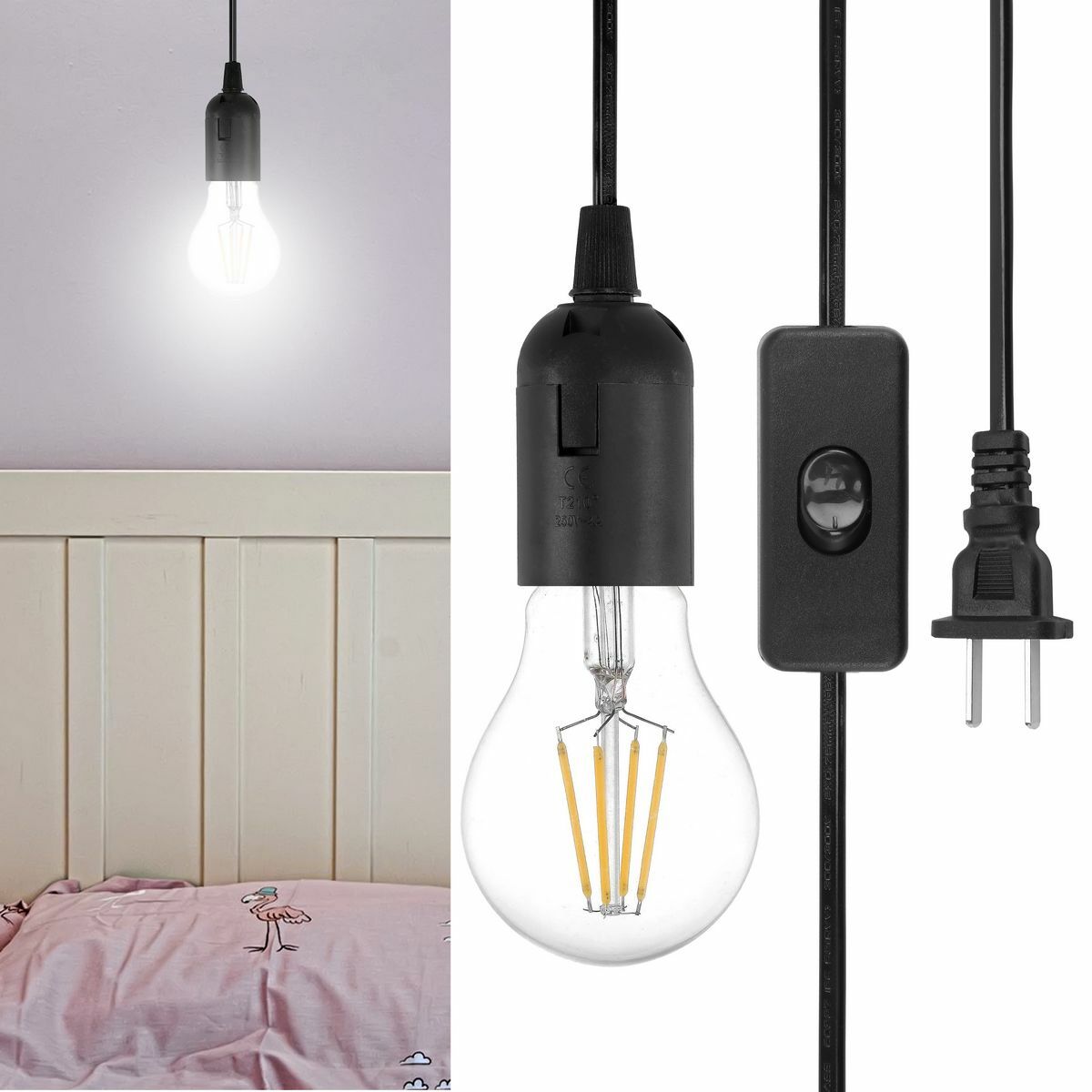 E26 E27 Light Bulb Socket to Wall Outlet Plug Adapter On/Off Switch 6FT Cord USA