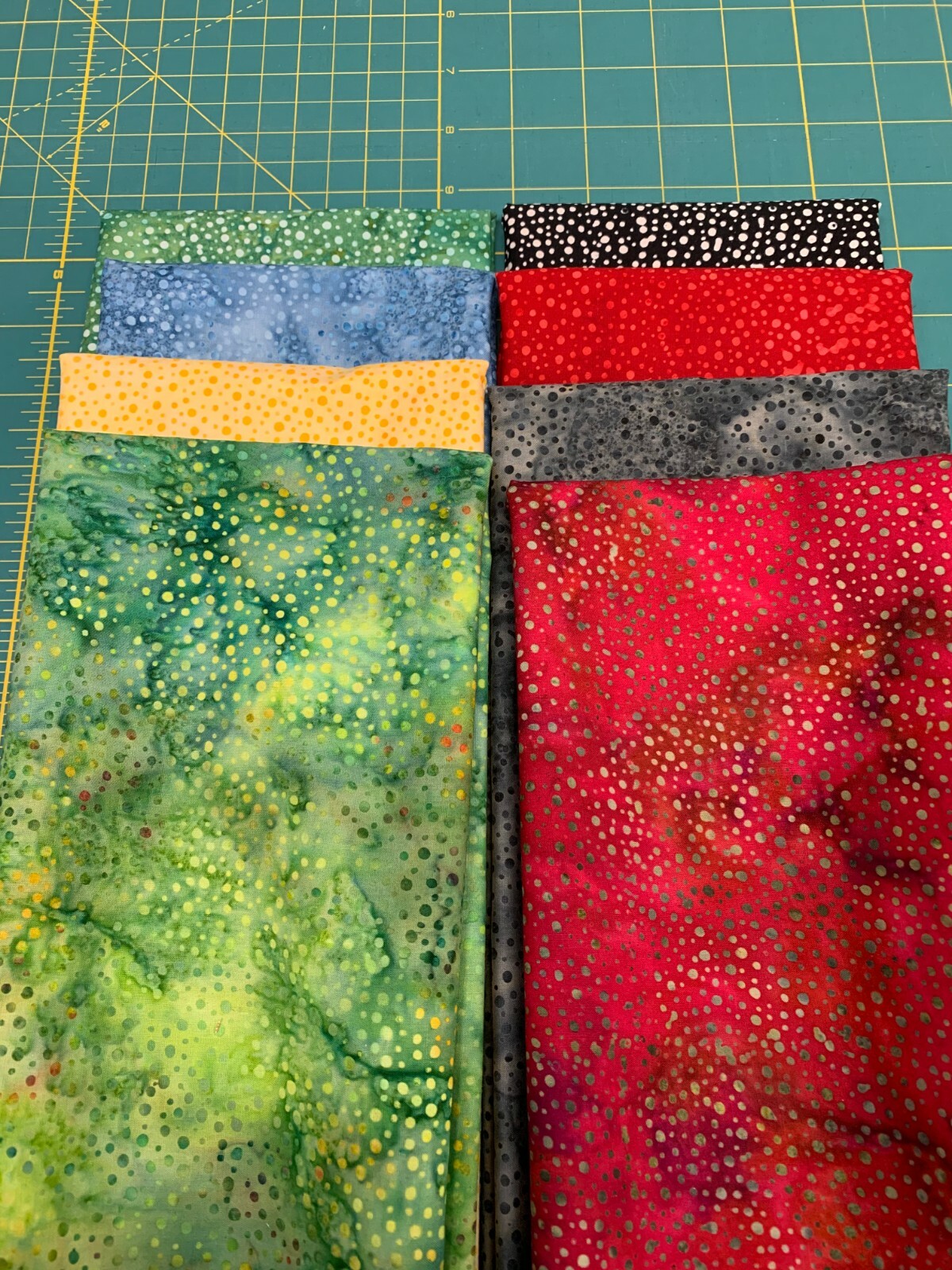 Hoffman California Batik Dot Assortment 8 1/2 yard Cuts Red Black Yellow Green