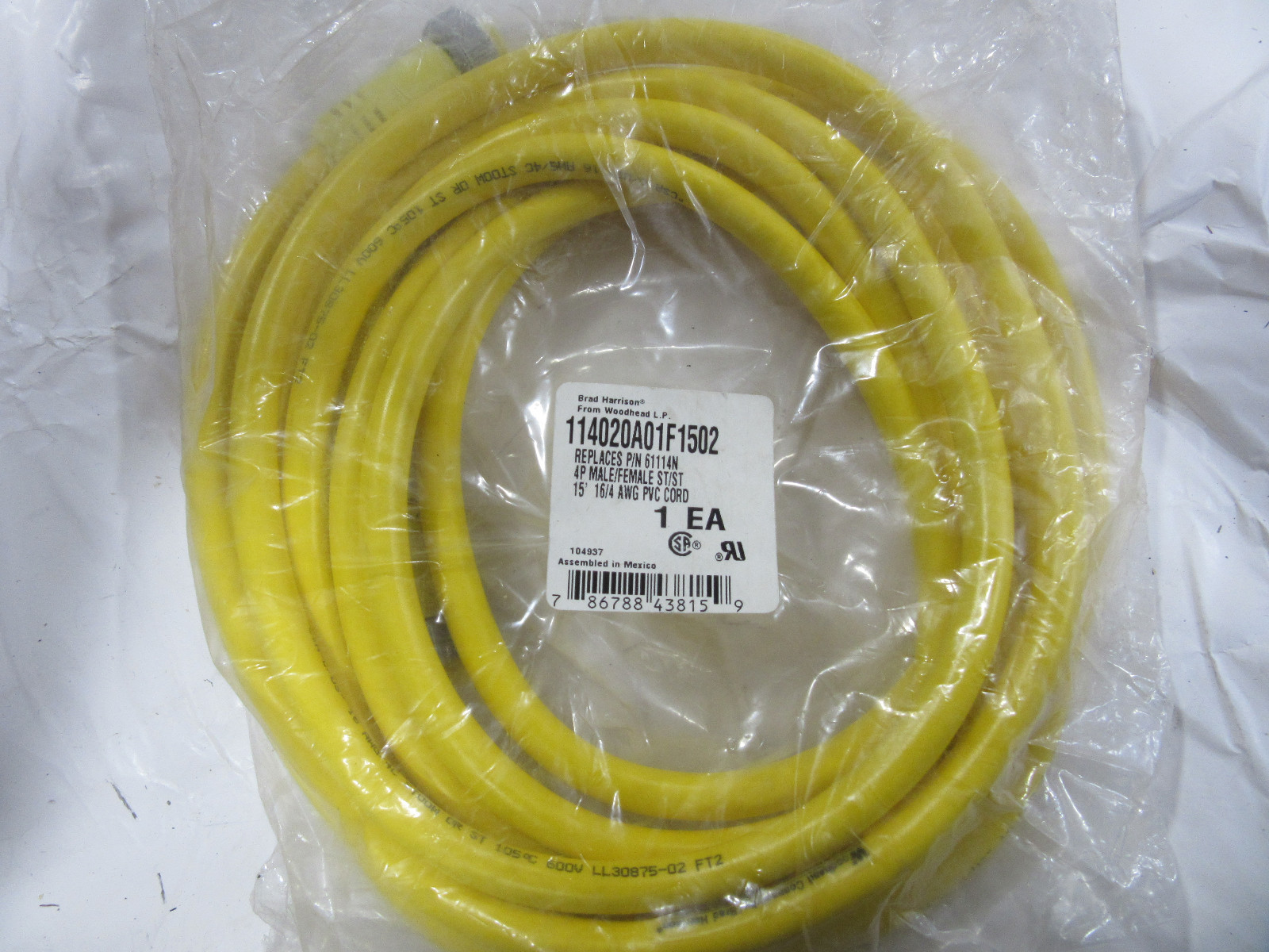 Brad Harrison 114020A01F1502 Yellow Cord 4P Male/Female 15' Replaces 61114N NEW!
