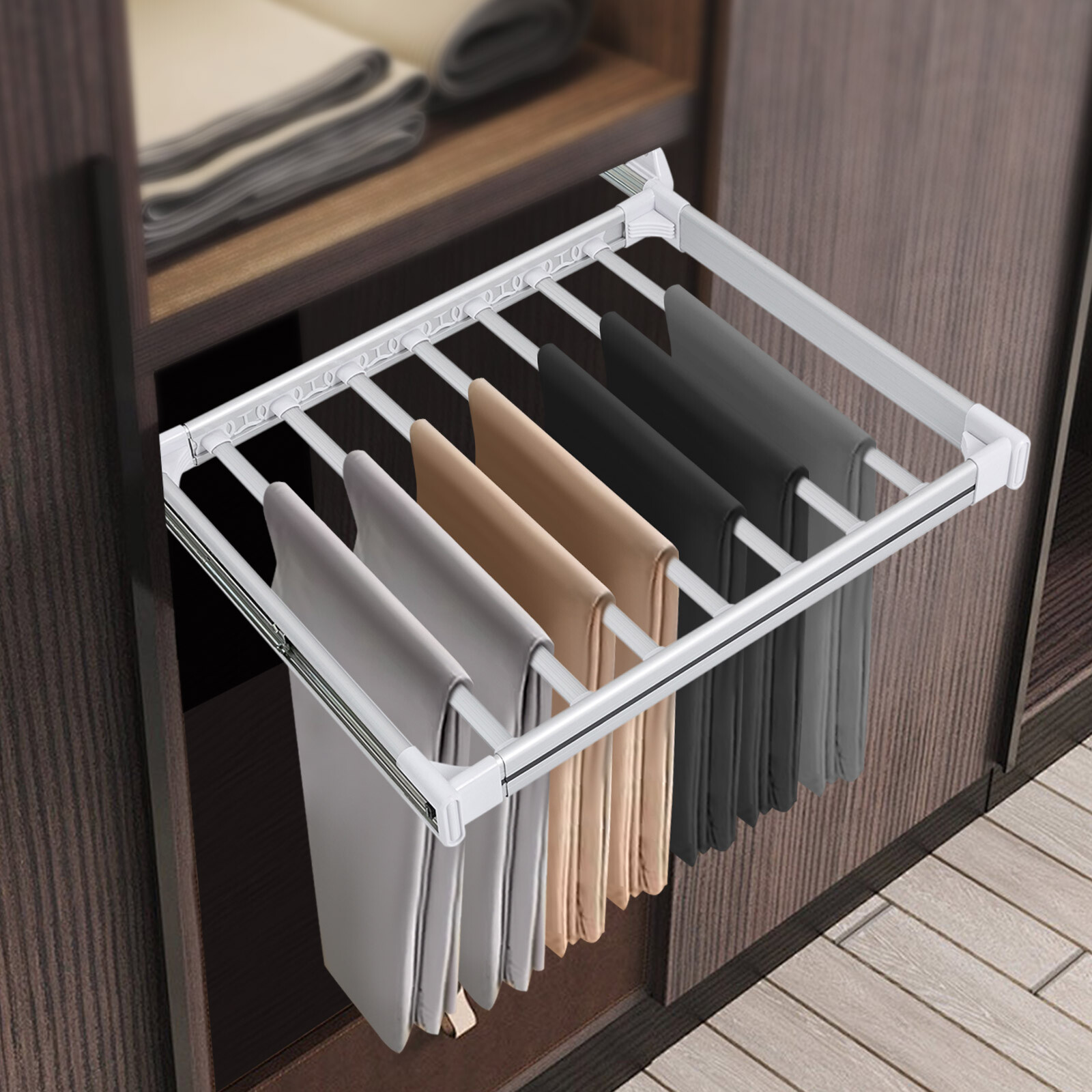 Wall Mount Pull Out Trouser Rack Closet Pants Hanger 11Bars Pants Storage Holder