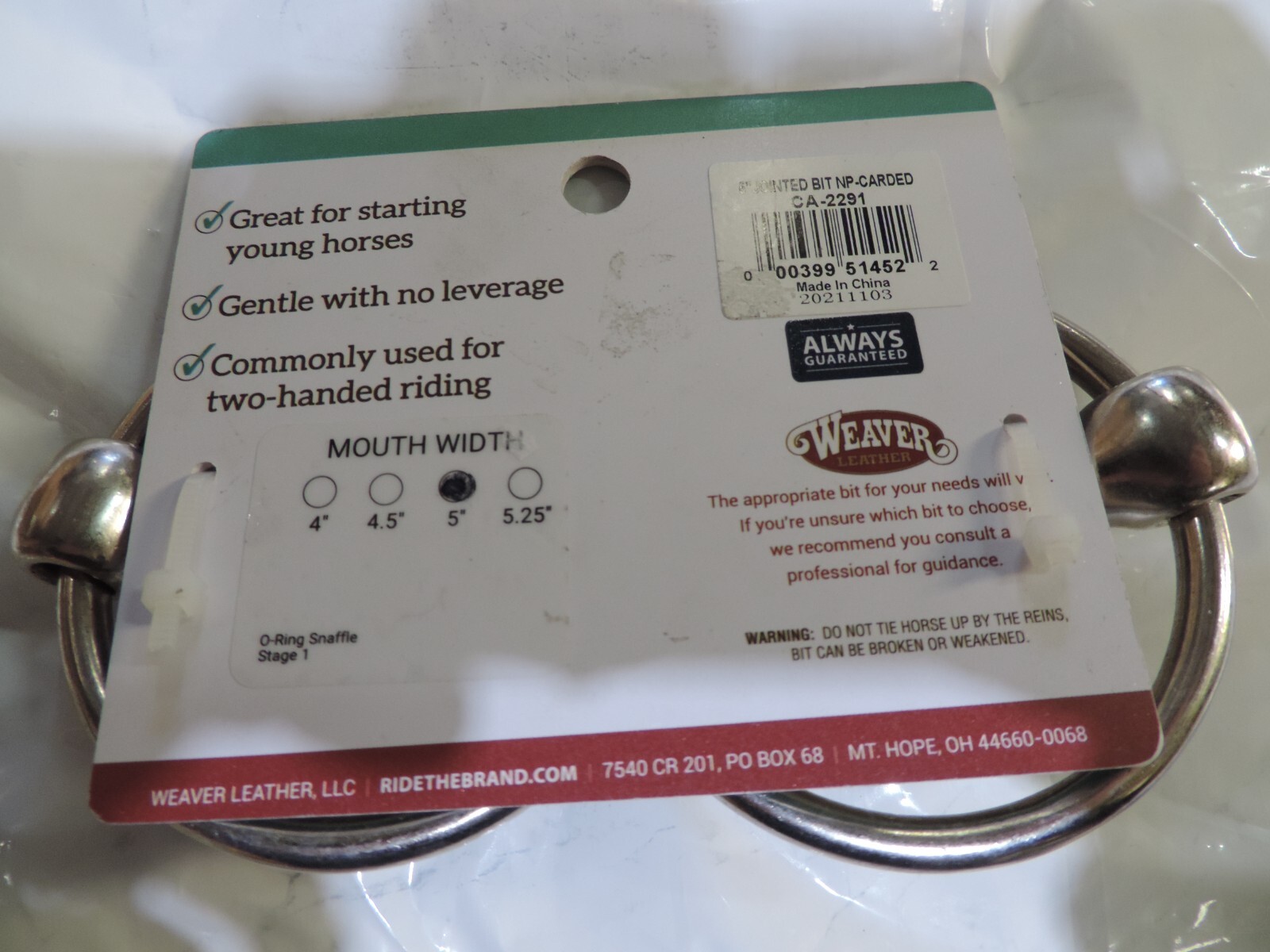 Weaver Stage 1 O Ring Snaffle Bit Mild 5" CA-2291
