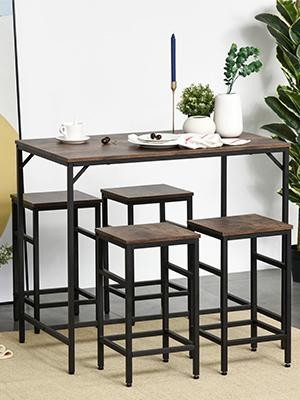 5-Piece Industrial Dining Table Set, Bar Table & 4 Stools Set, Space Saving for