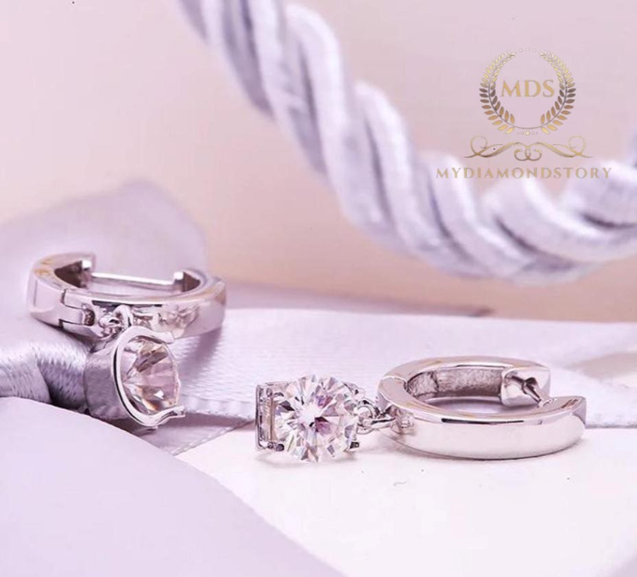 Solid 14K White Gold Moissanite Drop/Dangle Earrings 2 Carat Round Brilliant Cut