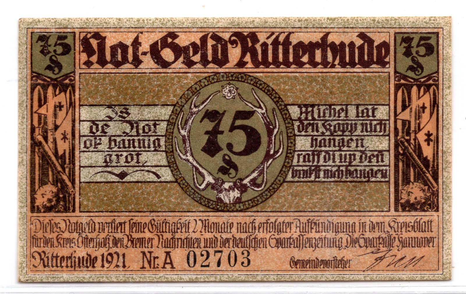 1921 Germany Ritterhude Notgeld 75 Pfennig Note (4105)