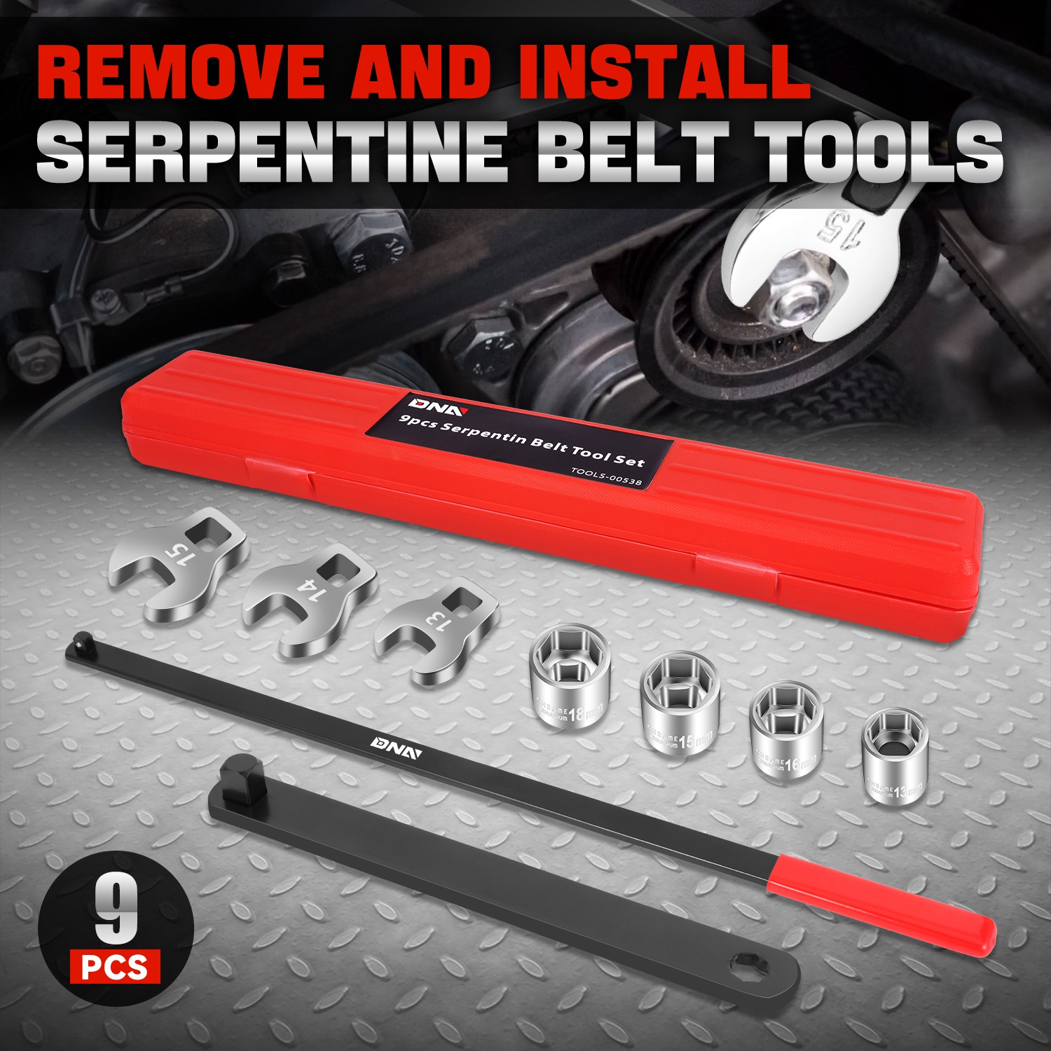 [9Pcs] 3/8" Pulley Wrench Installation Removal Serpentine Belt Tool Set w/ Case