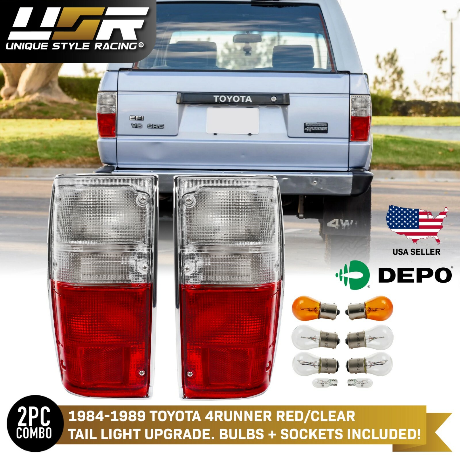 DEPO Red & Clear Tail Lights Pair Fit For 1984-89 Toyota 4Runner 4 Runner SR5