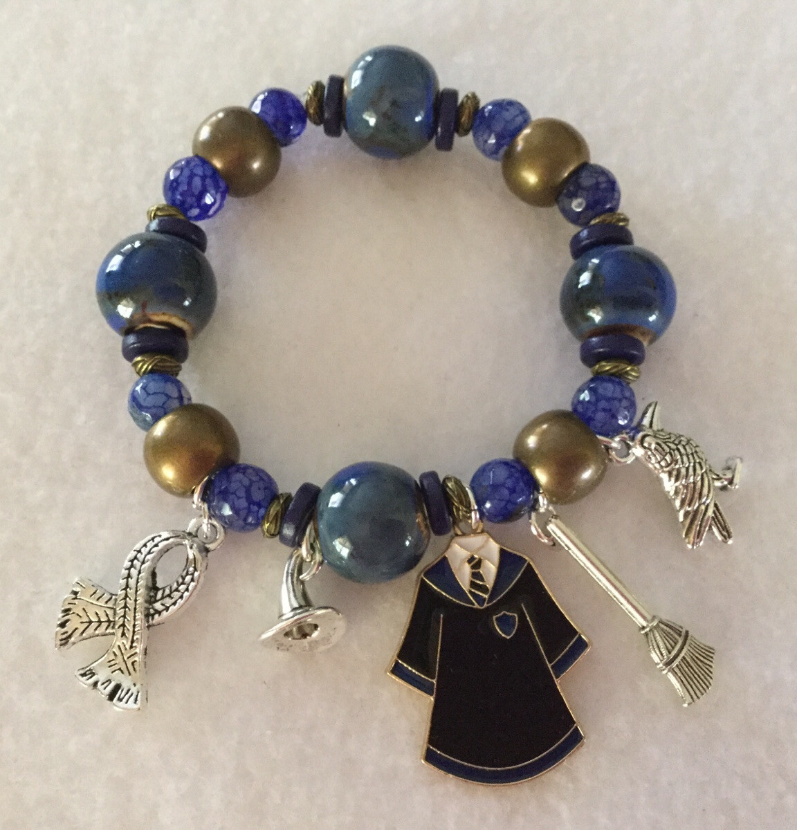 Potter Wizard Inspired Blue & Bronze House Beaded Charm Bracelet Gift - 5 Charms