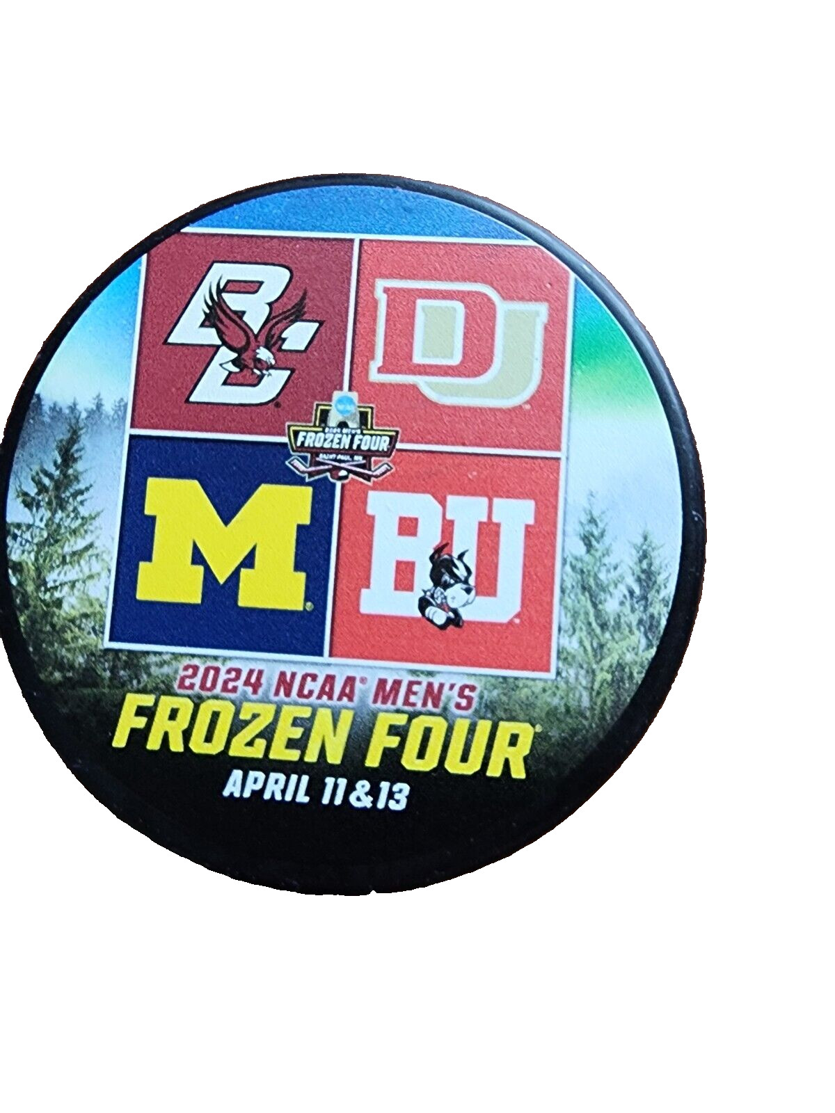 2024 NCAA Mens Frozen Four Logo Hockey Puck St Paul, MN  Denver Boston Michigan