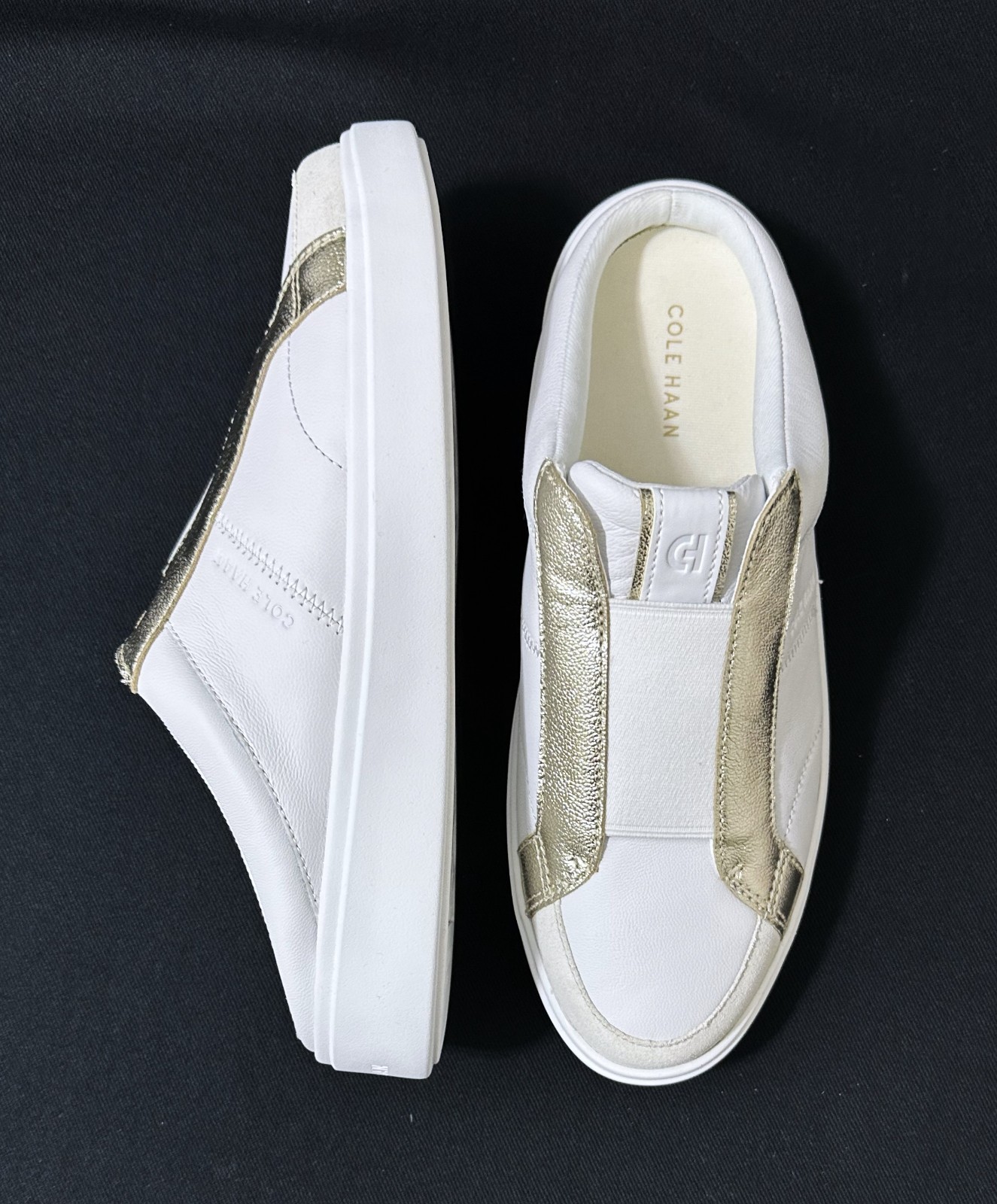 New Cole Haan Grand Crosscourt Coaster Mule Sneakers White/Sliver/Gold Size-8.5B