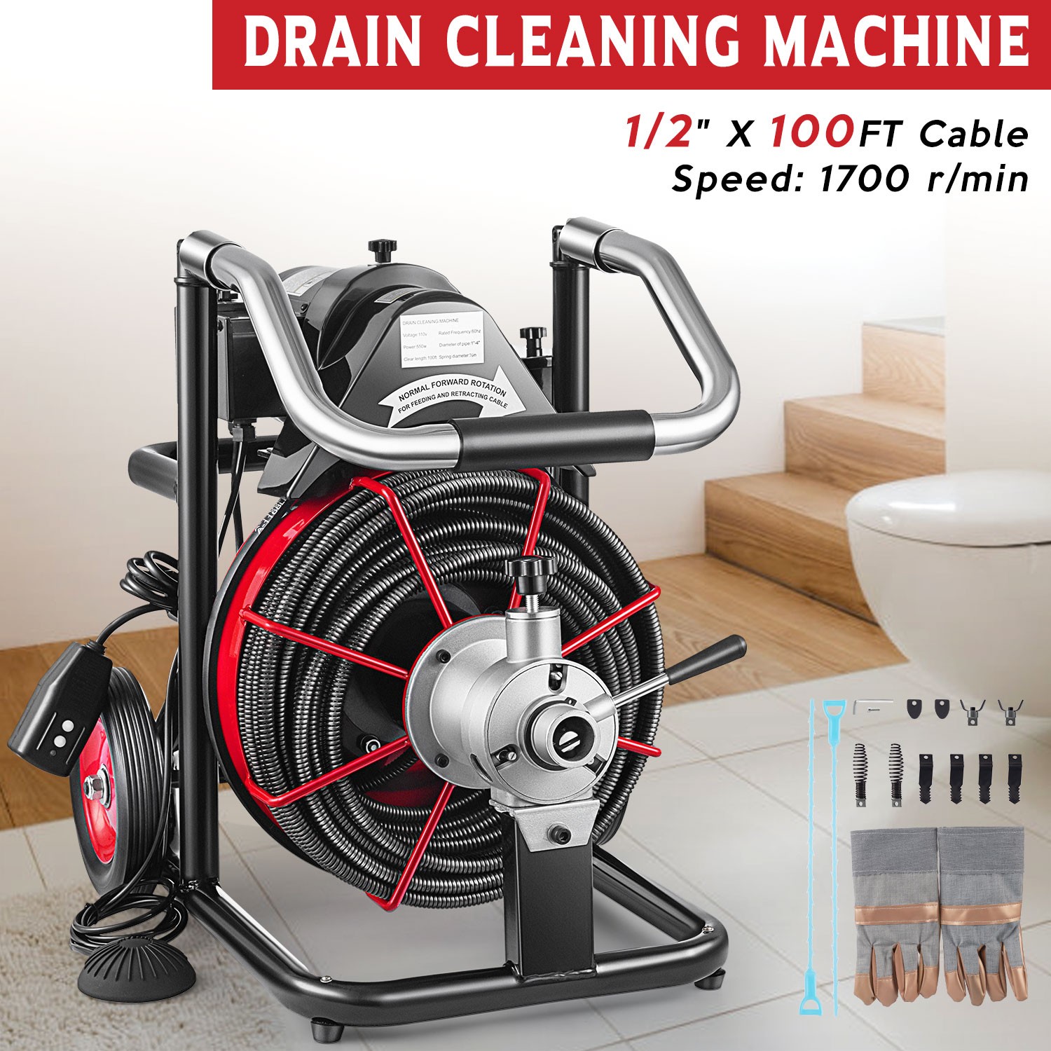 Commercial 100ft 1/2'' Sewer Snake Drain Auger Cleaner Cleaning Machine Plumbing