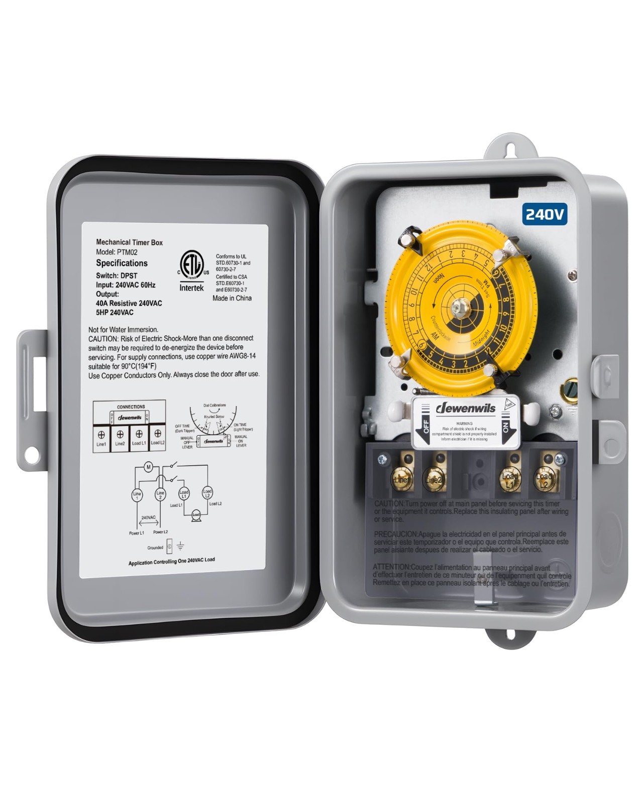 24-Hour Mechanical Timer Switch - Heavy Duty 40A, Weatherproof, Manual Override