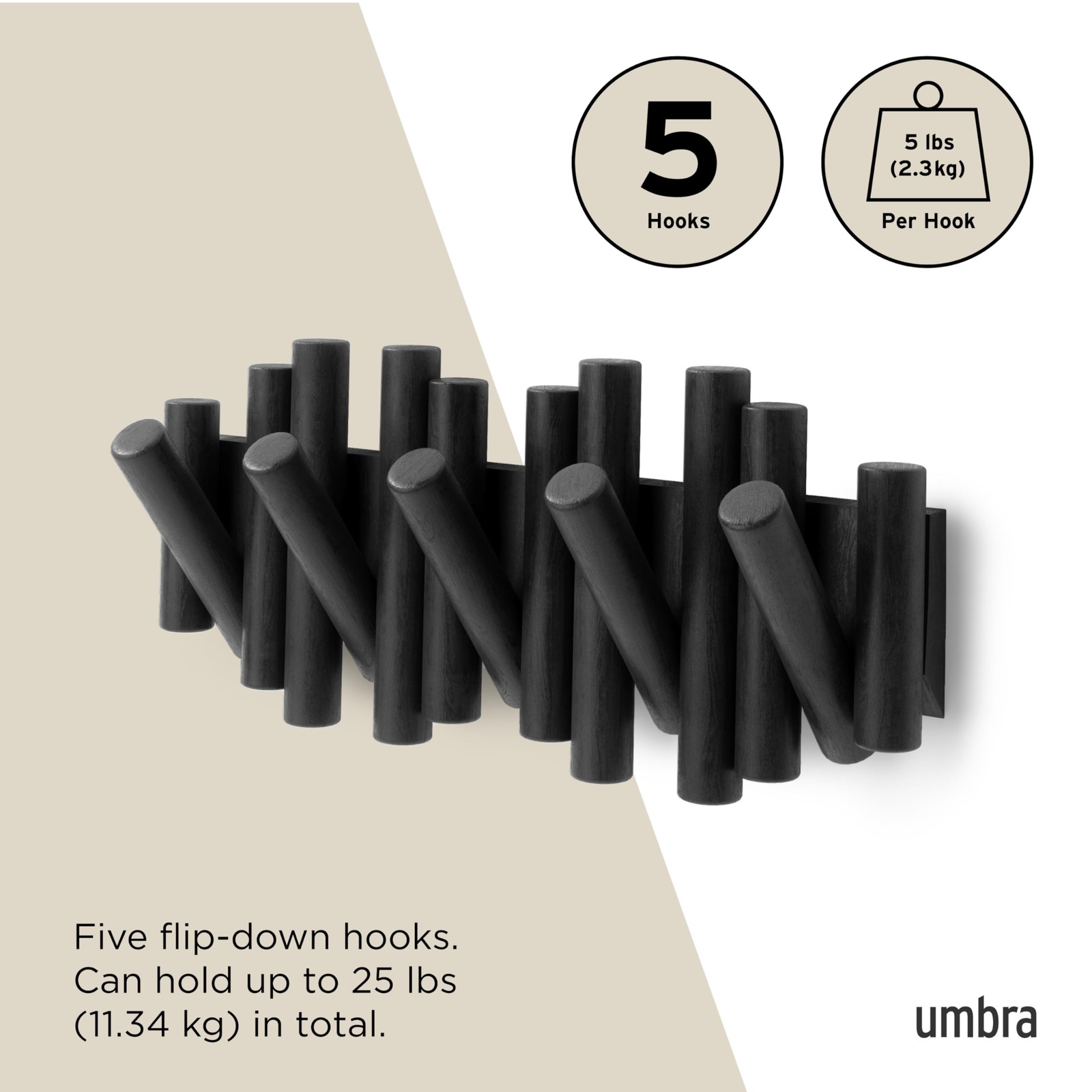 Umbra Picket Wall-Mounted Coat Rack Rail Hook with 5 5-Hook, Black