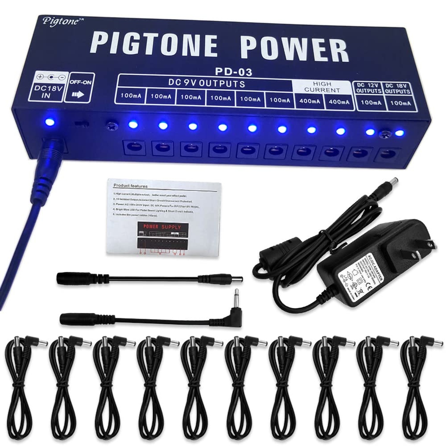 Guitar Effect Pedal Power Supply 10 Isolated DC Outputs Suitable for 9V/12V/1...