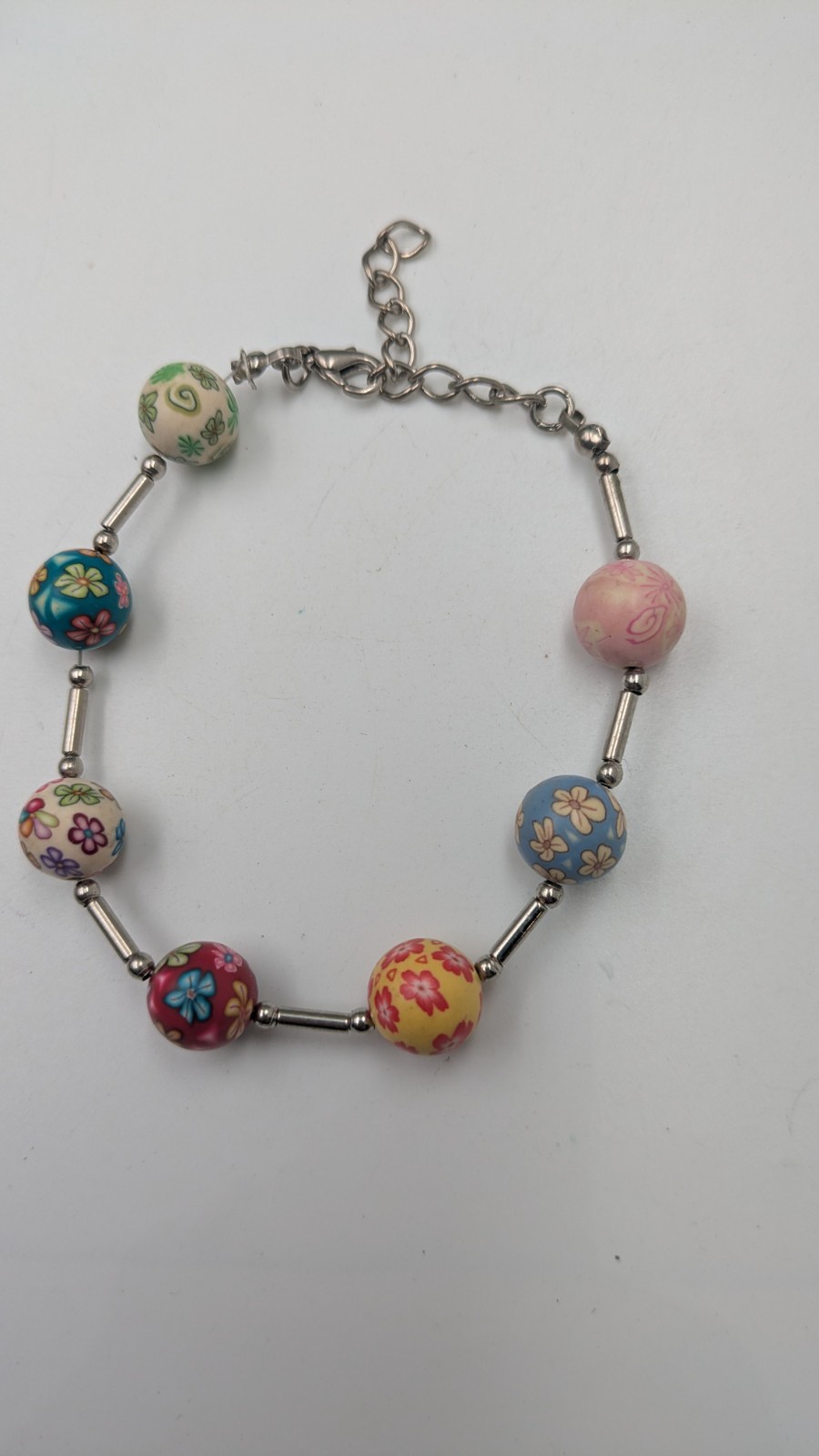 Polymer Clay Retro Floral Beaded Bracelet Adjustable Up To 9 Inches