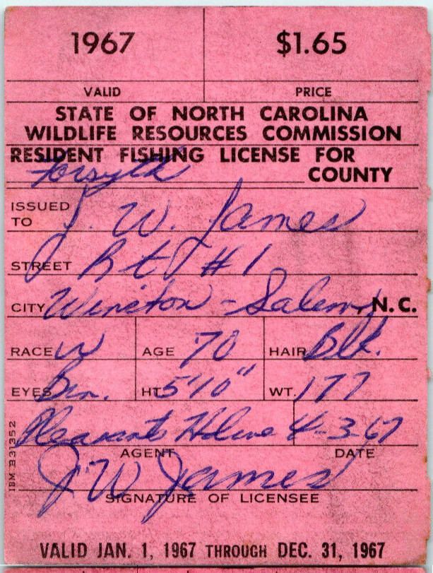 1967 Winston Salem North Carolina Fishing License Vintage State Wildlife