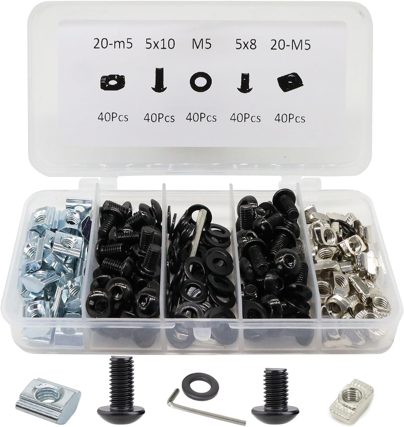 200Pcs 2020 Aluminum Extrusion M5 T Slot Nuts and Bolts Screws 20 Series Extr...