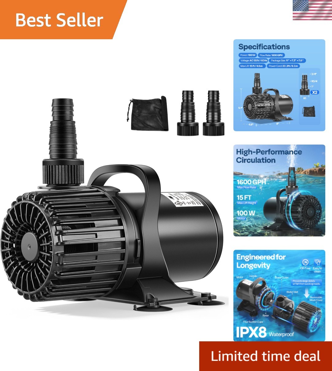Advanced 100W Submersible Water Pump with 15ft Lift - Ideal for Aquatic Features