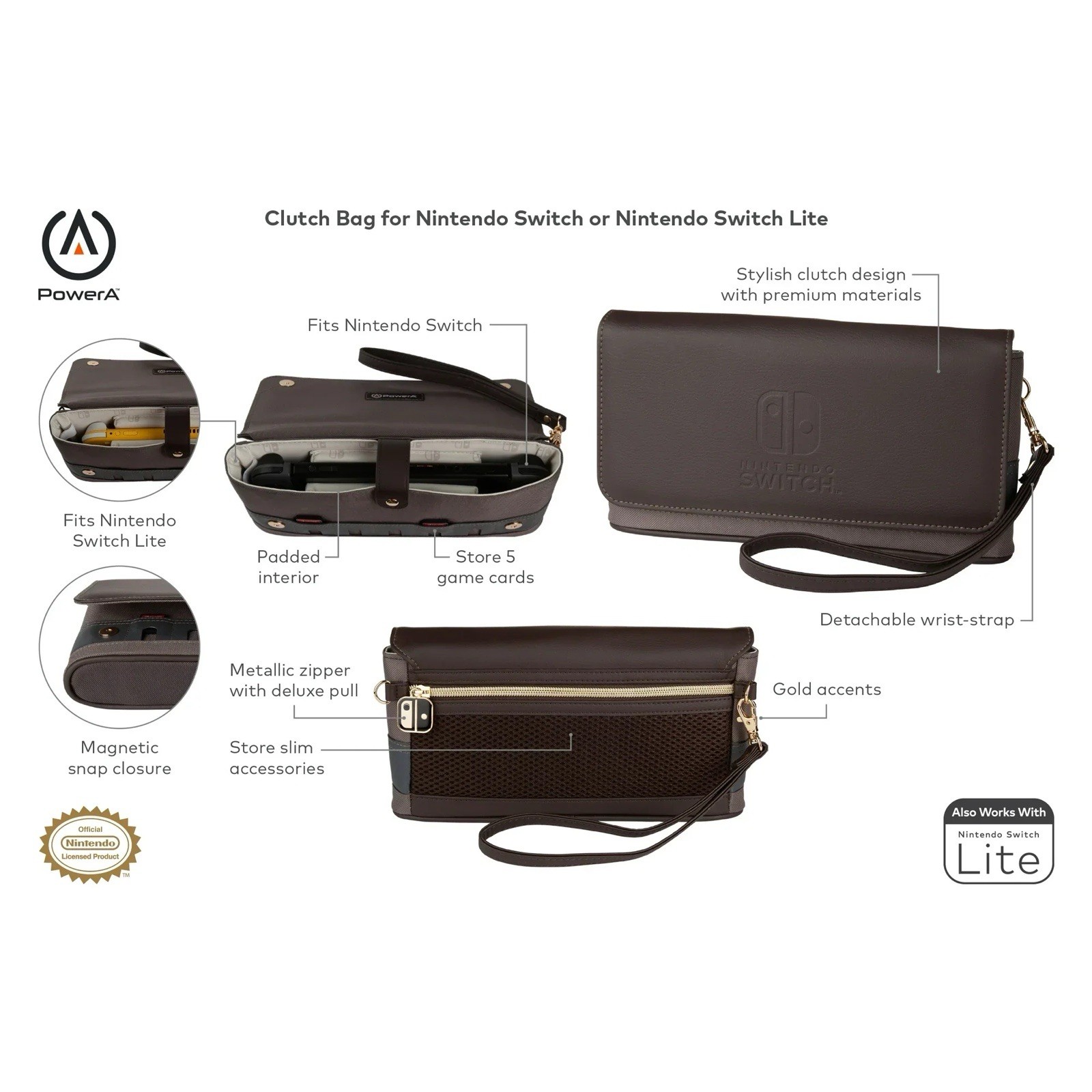 PowerA Clutch Bag Carrying Case, Padded Wrist Strap for Switch/Switch Lite Brown