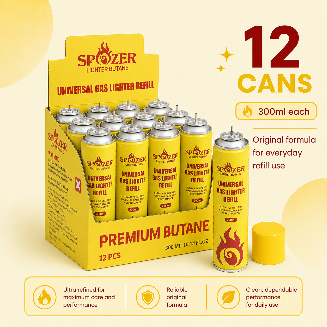 Spozer Refined Butane Lighter Gas Fuel Refill 12/24 Can 300ML 10.14 oZ Canisters