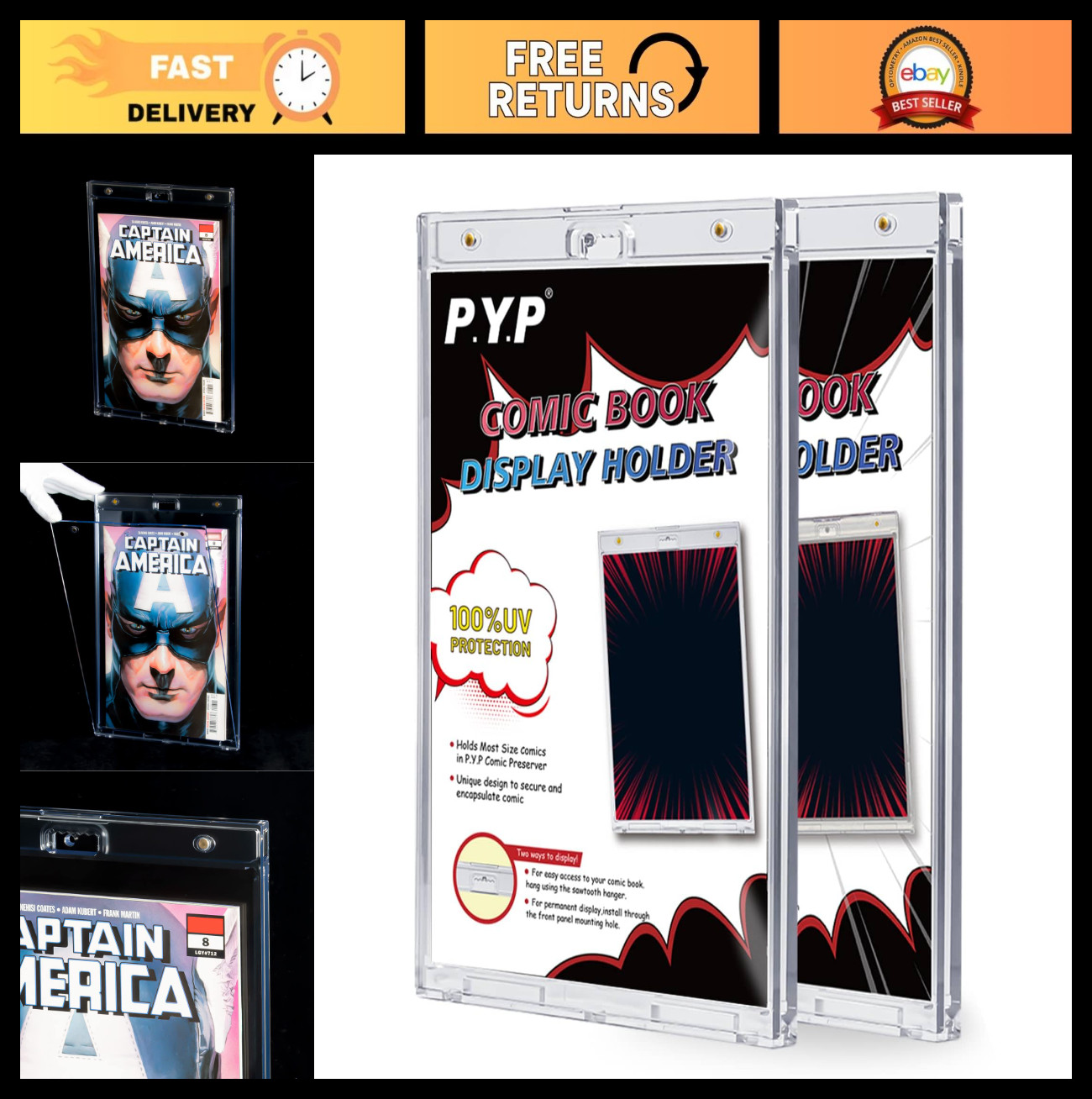 2ct Magnetic Comic Book Display Cases - UV Protection, Wall Mountable, Clear Hol