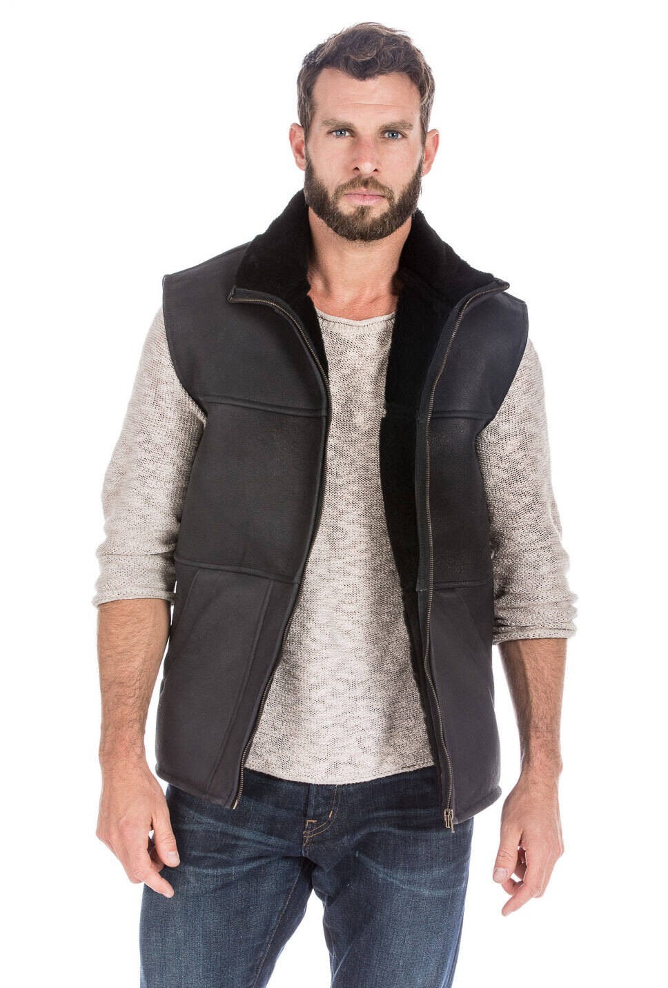 Men's Black Sheepskin Leather & 100%  Real Sheepskin Shearling Fur Gilet Vest
