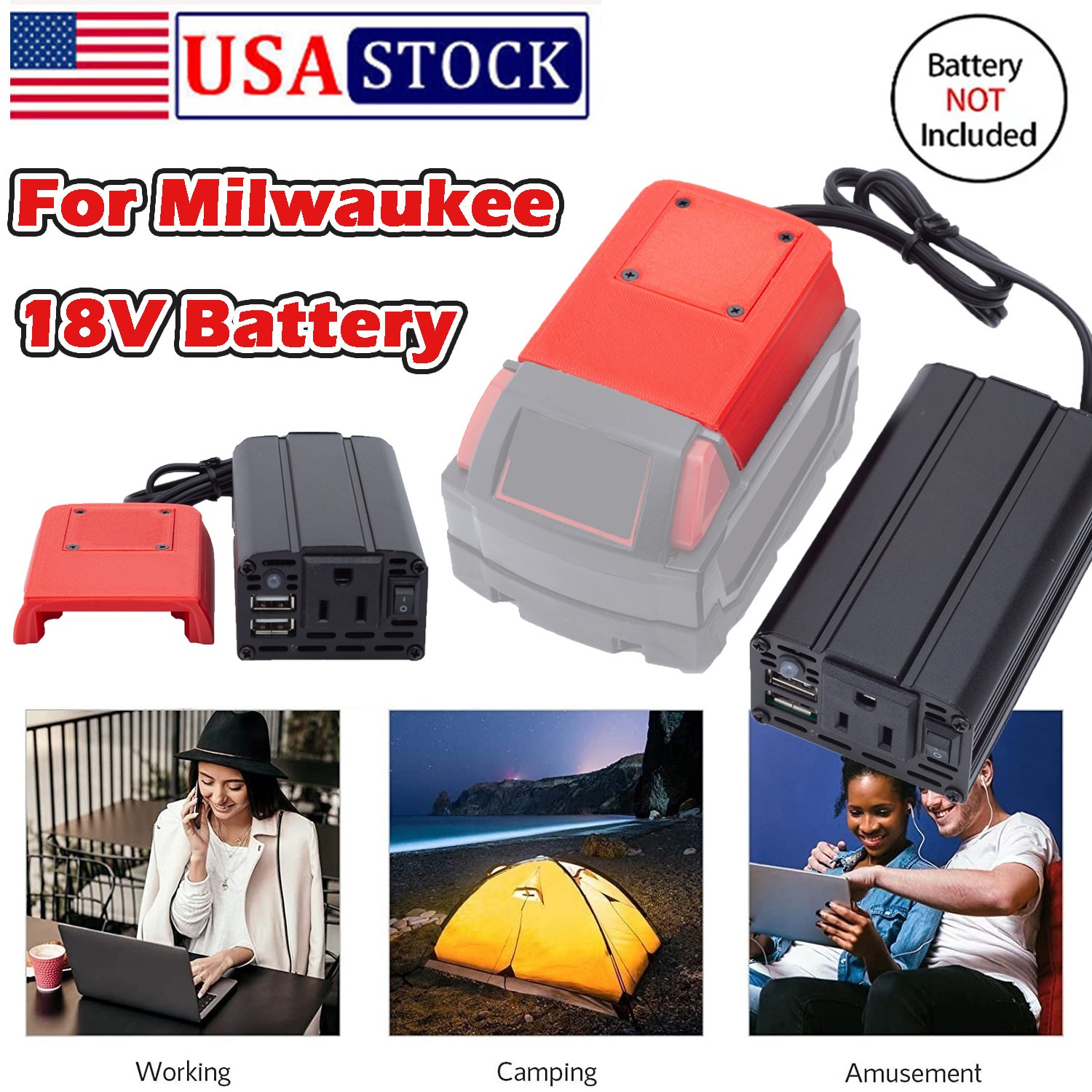 For Milwaukee 18V Battery Power Inverter Converter DC 15-21V To AC 110v w/USB US