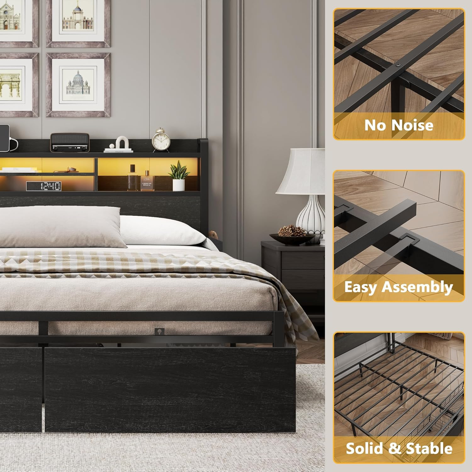 Full Size Bed Frame with Wood Headboard, Metal Platform Bed Frame Full Size w...