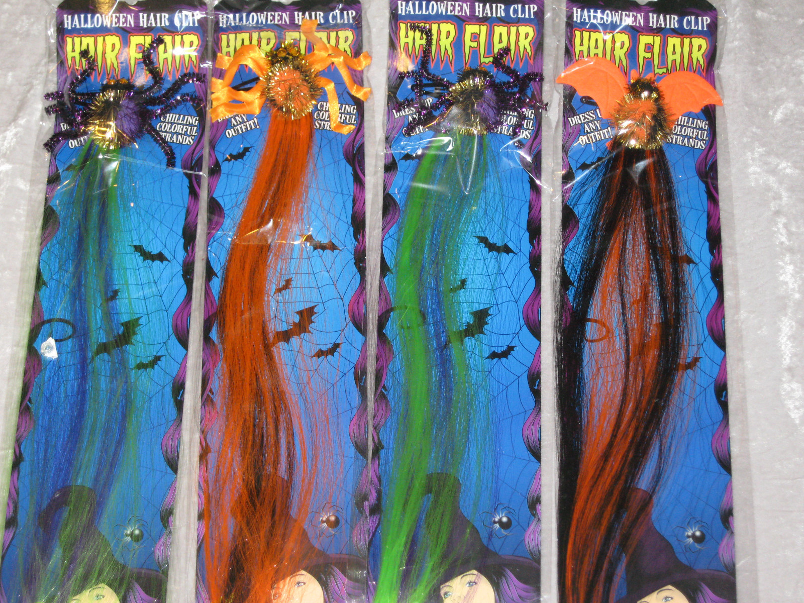 Halloween Hair Clip Spider Bat Colorful Strands Costume Green Orange NEW!