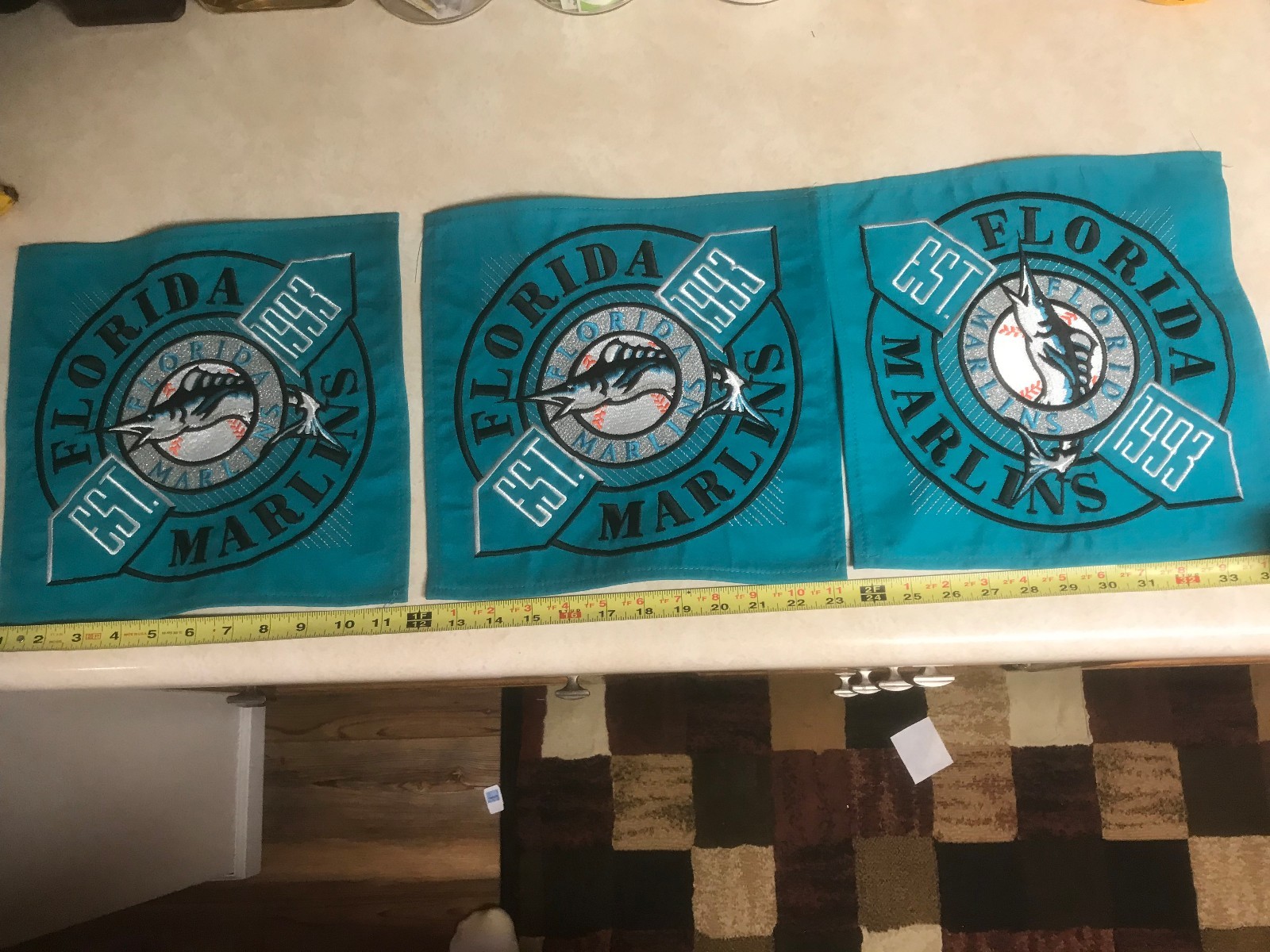 3 total sewn embroidered FLORIDA  MARLINS   PATCHES 11 1/4" x 11 1/4"