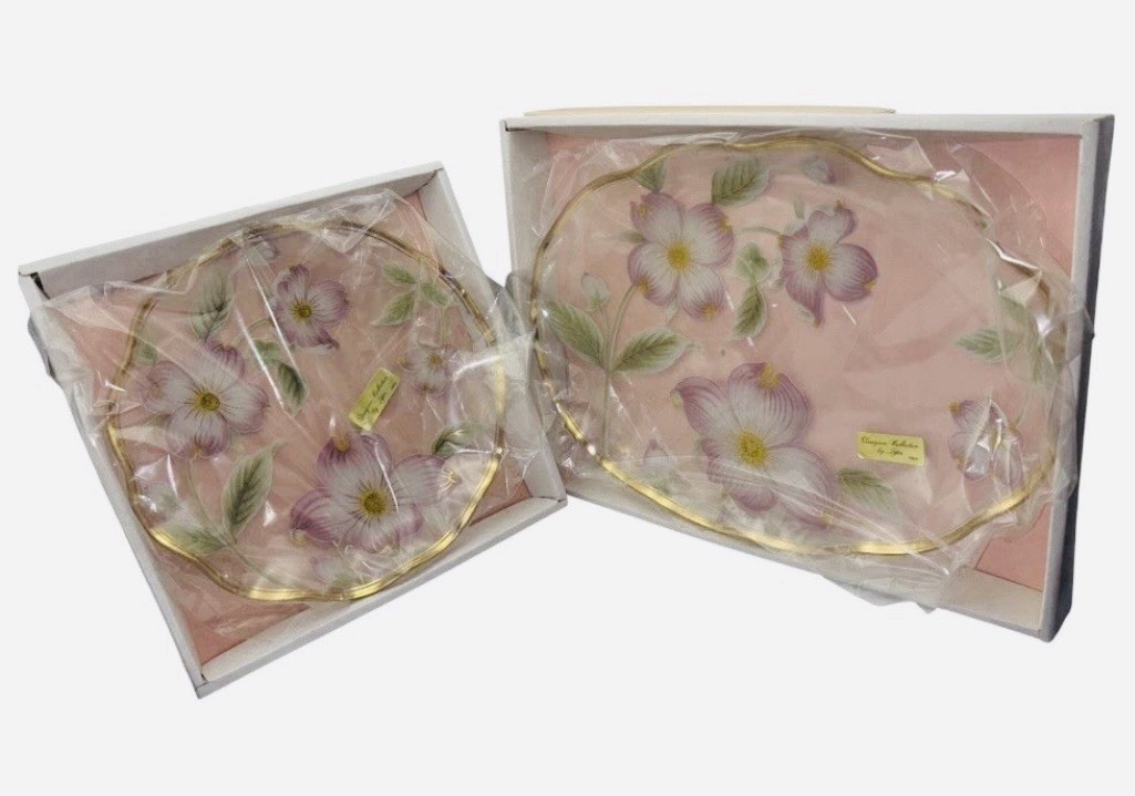 Dogwood Glass Lefton Michio Suzuki Floral Gold Rim Plate & Platter Serving Set