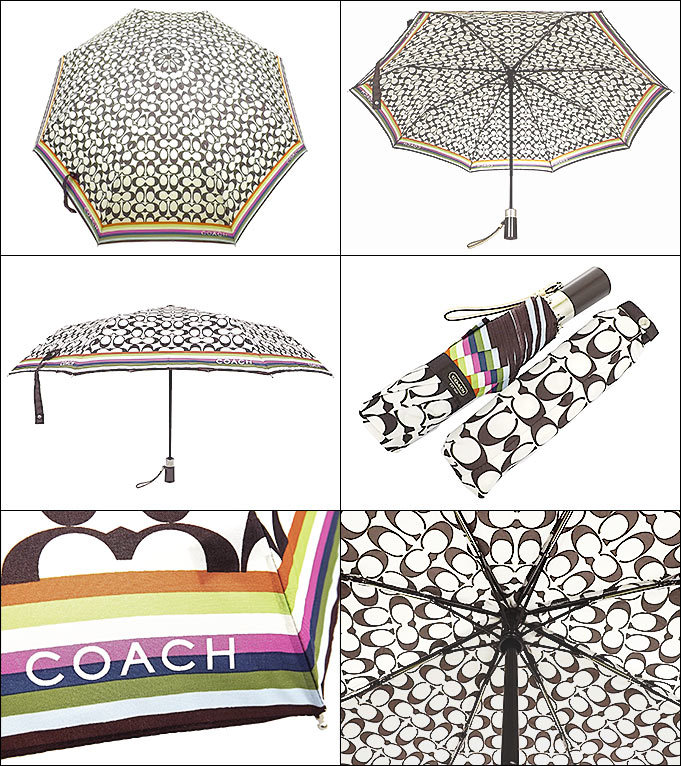 NWT Coach 40" Signature C Auto Compact Folding Umbrella 62339 Silver/Brown Khaki