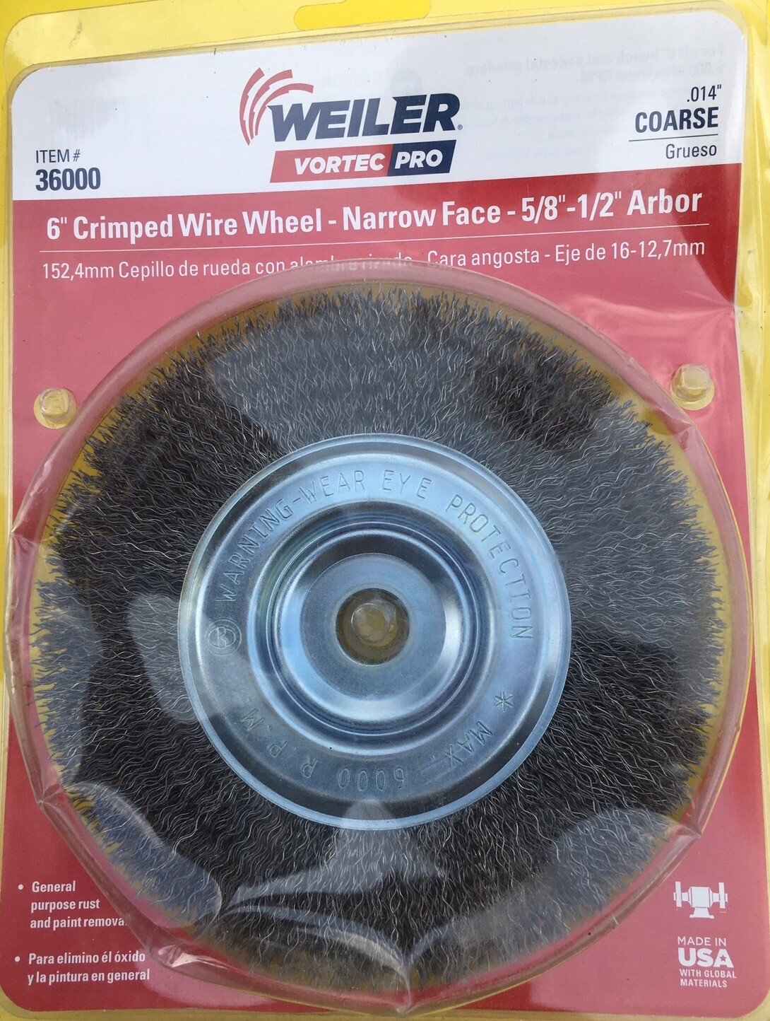 Weiler Vortec Pro 6 in.Coarse Crimped Wire Wheel Brush  5/8-1/2 Arbor Hole USA