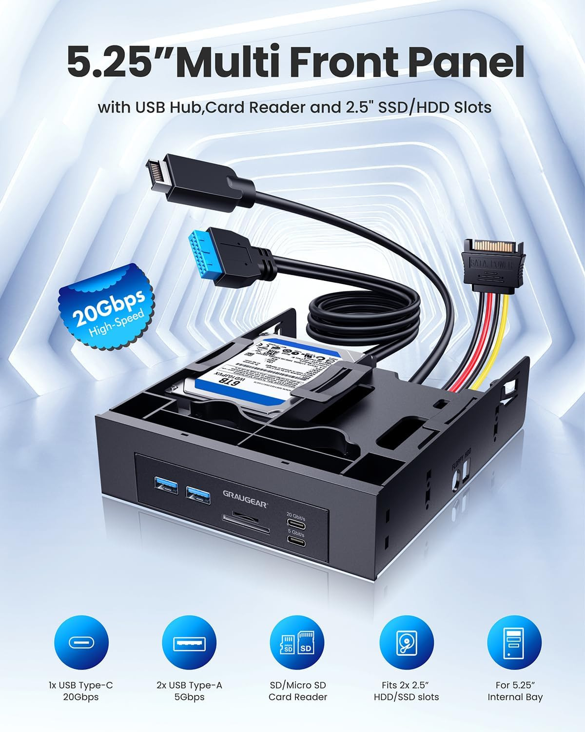 5.25” Front Panel USB Hub, Internal Sd/Microsd Card Reader for Desktop